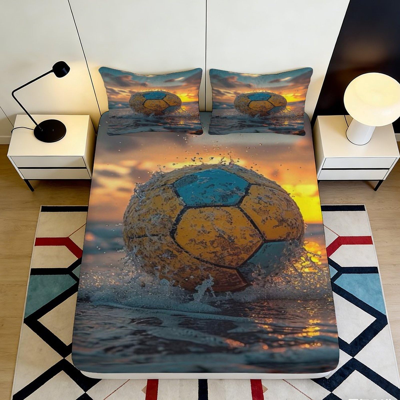Decorative Sunset Soccer 3D Printed Fitted Sheet Microfiber Soft Touch Bed Cover, Wrinkle Resistant, Apartment Bedding, Home Bedroom 90x200x25cm