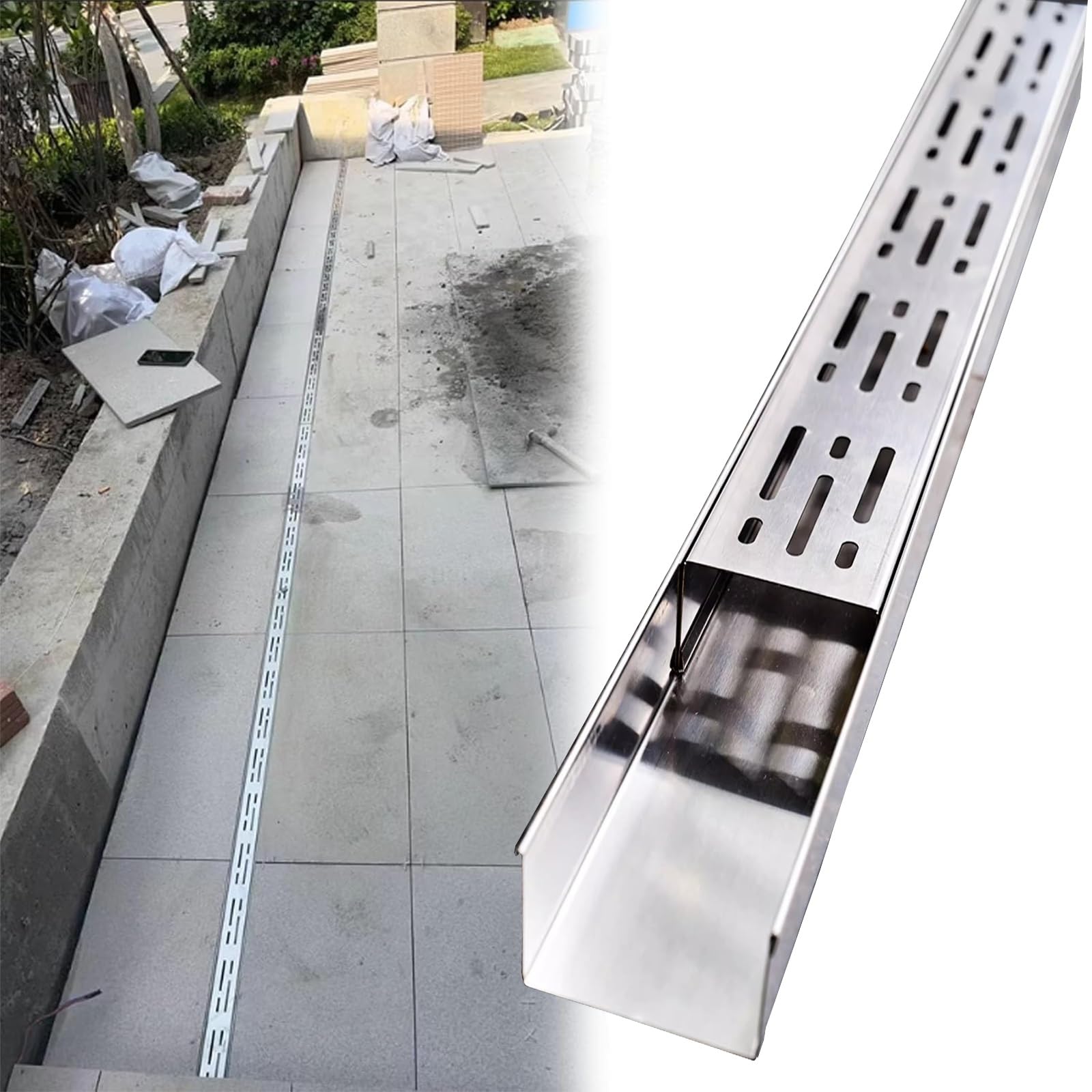 GJZQDKX Stainless Steel 304 Rainwater Drainage Channel Piccolo Narrow Gutter System with Grate (10x3cm/4x1.2in) - Efficient Water Management Solution