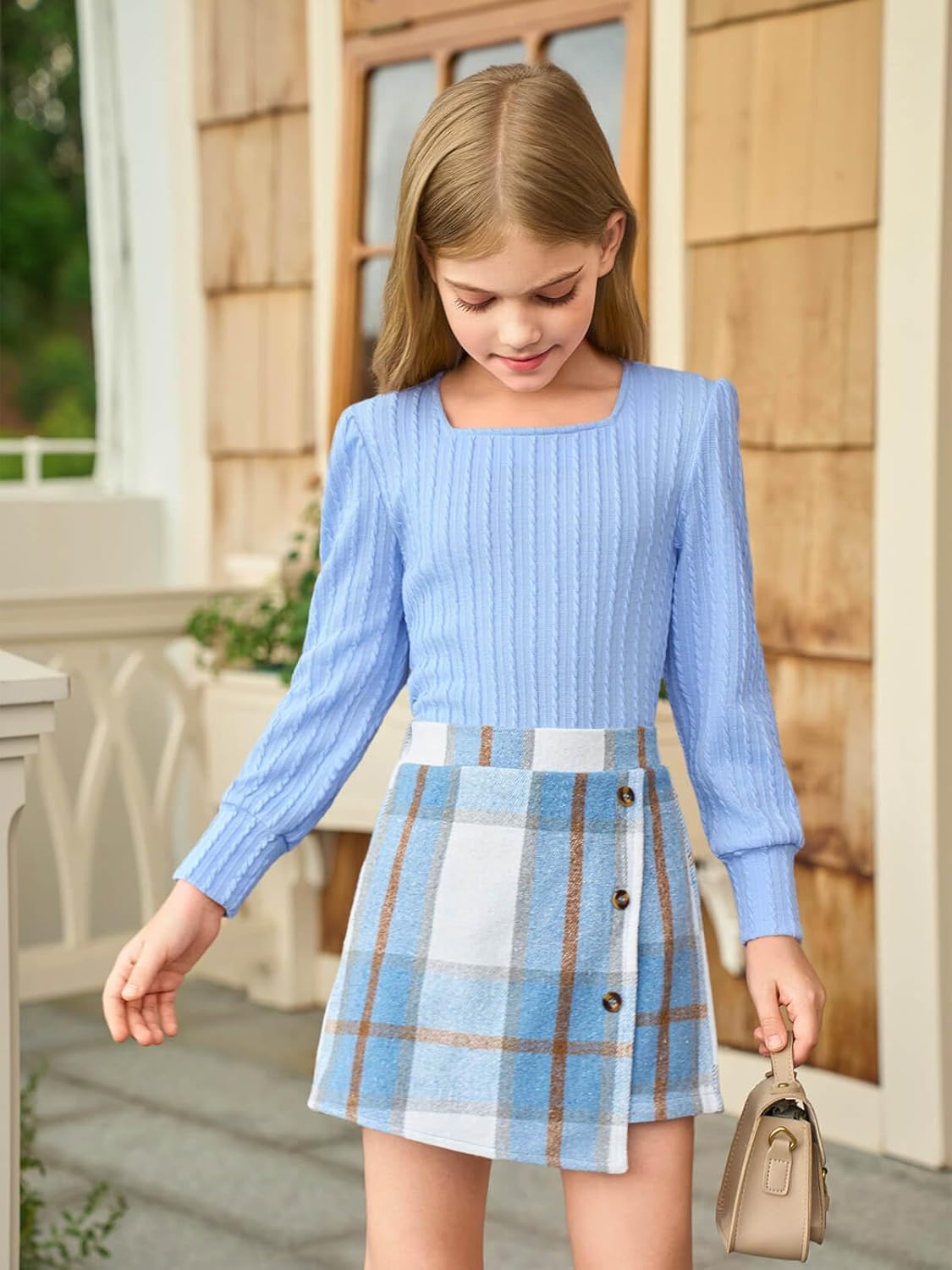 Haloumoning Girls Skirt Sets Fall Outfits Jacquard Long Sleeve Tops Plaid Skirts Shorts 2 Piece Clothing Sets 4-12Y - Image 4