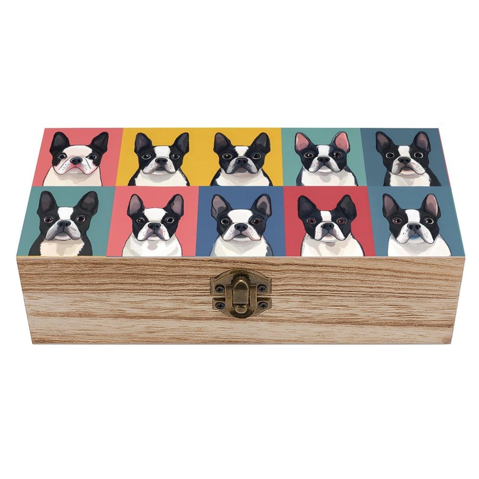 HLBSDM Boston Terrier Puppies Wooden Box with Hinged Lid Decorative Storage Case Container