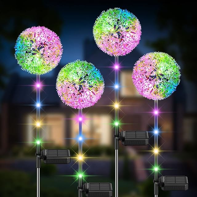 KagoLing Solar Garden Lights, Garden Lights Solar Powered Waterproof Garden Ornaments Outdoor Dandelion 4 Pack Solar Stake Lights Solar Fence Lights for Party Garden Decorations, Birthday Gifts