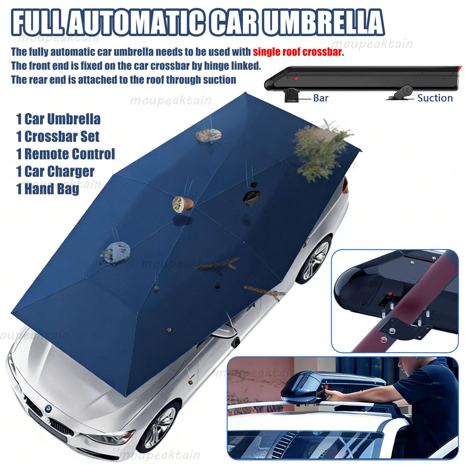 Copri Auto Automatico con Telecomando – Protezione UV da Sole E Pioggia, con Barre sul Tetto/Batteria da 5000 mAh/Vano Portaoggetti, Tenda Copriauto per Berline E SUV Blue