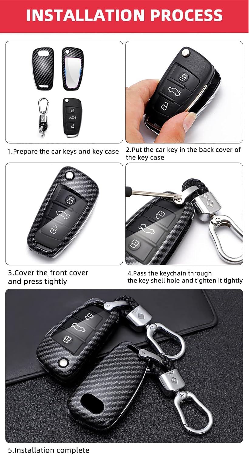 SANRILY for Audi Flip Key Cover ABS Plastic Key Fob Cover for A1 A3 A6 Q2 Q3 Q7 TT TTS R8 S3 S6 RS3 Keyless Key Case with Keychain Carbon Fiber Black