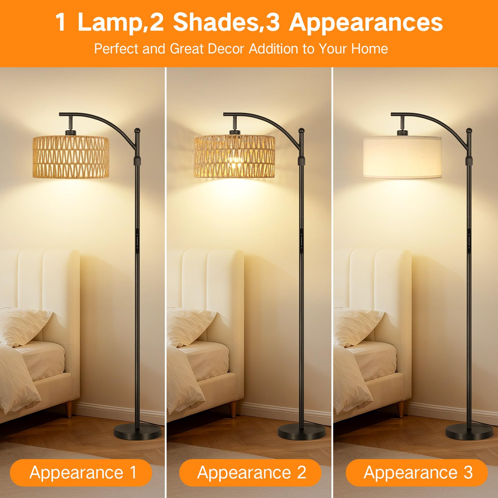 OUTON Lampada da Terra in Rattan, Lampada ad Arco Dimmerabile con App, Telecomando e Comando Touch, 4 Temperature di Colore, 2 Paralumi, Piantana LED da 12W per Soggiorno, Camera, Ufficio, Nero