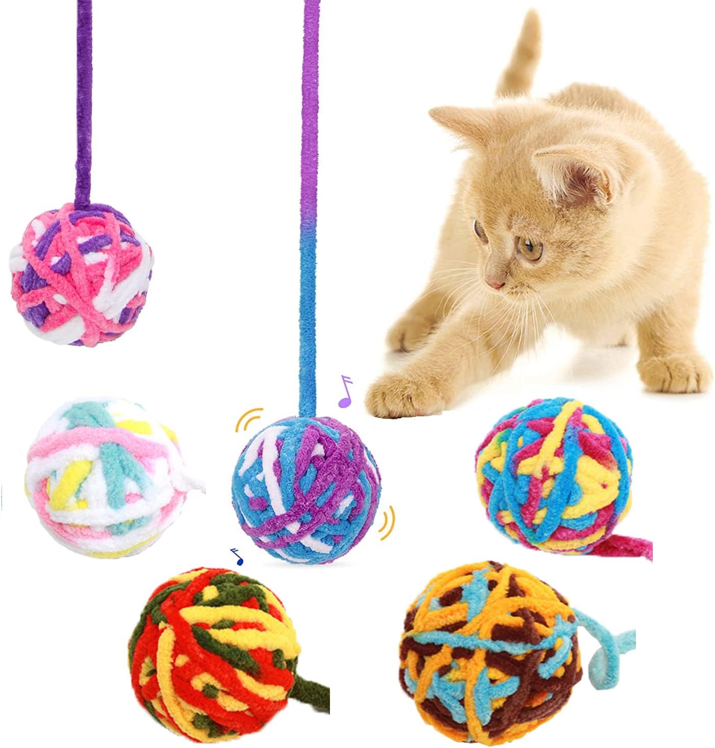 SUNYUM Cat Yarn Ball Toy with Bell,Rainbow Woolen Yarn