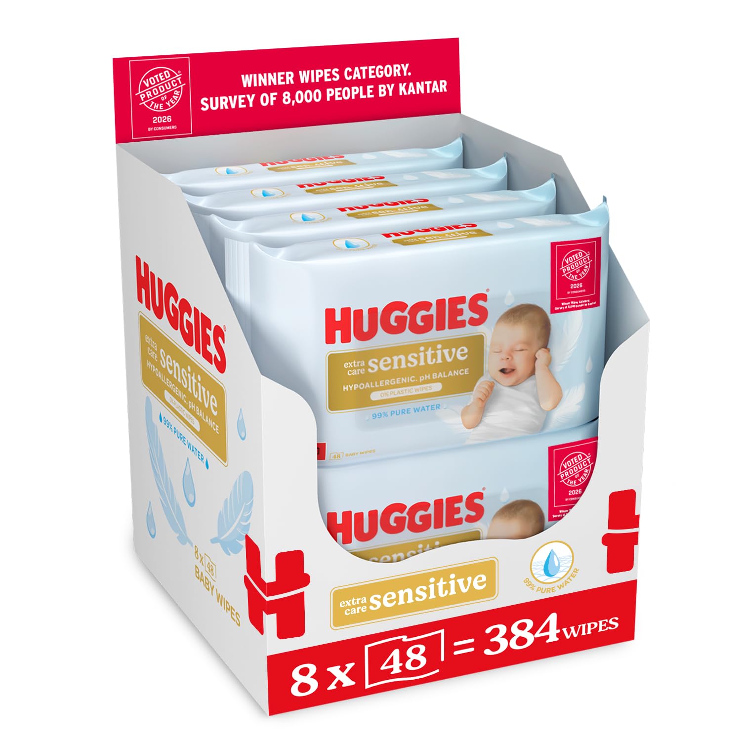 Huggies Extra Care Sensitive Baby Wipes - 12 Pack (576 Wipes) – Plastic Free Wet Wipes, 99% Water, Fragrance Free, Hypoallergenic, Extra Soft Texture with Soft Pillows — view 10