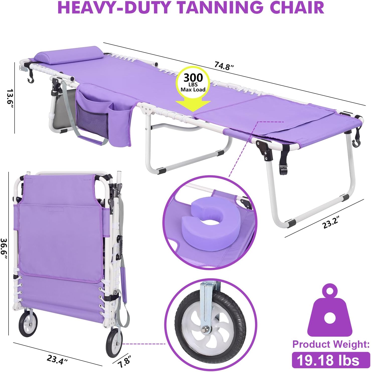 WHEEL-2-GO Oversized Heavy Duty Tanning Chair with Padded Face Hole Adjustable Folding Chaise Lounge Chairs for Outside Lay Flat Beach Chair with Wheels for Outdoor Sunbathing Patio Pool Lawn Deck