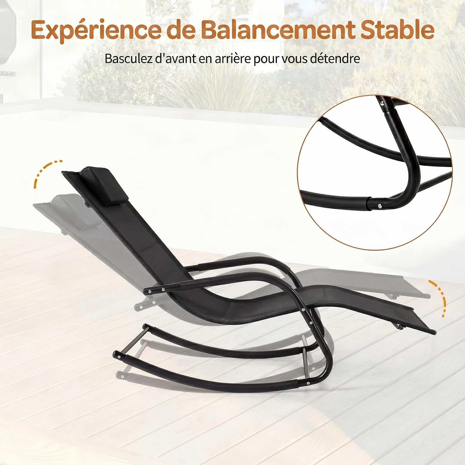 COSTWAY Fauteuil a Bascule Exterieur Interieur, Rocking Chair en Métal, Appui-Tête Amovible, Tissu Respirant, Chaise Longue à Bascule pour Jardin Balcon Salon, Charge 160KG, 148 x 63 x 86 cm (Noir)
