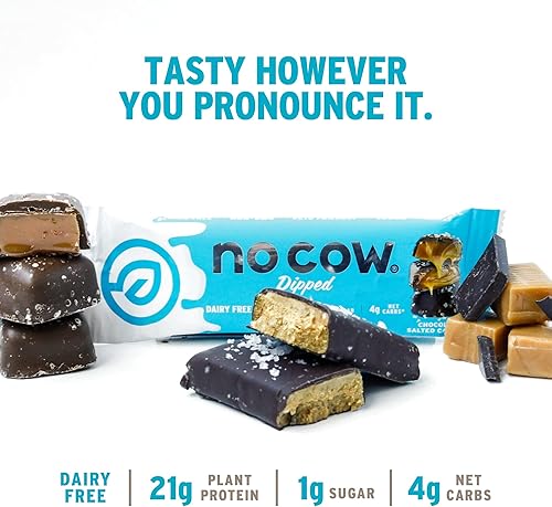 Vista 3 de No Cow - Barras de proteína recubiertas, 20 gr. de proteína vegetal, bajas en azúcar, carbohidratos y calorías, no gluten, lácteos ni OGM
