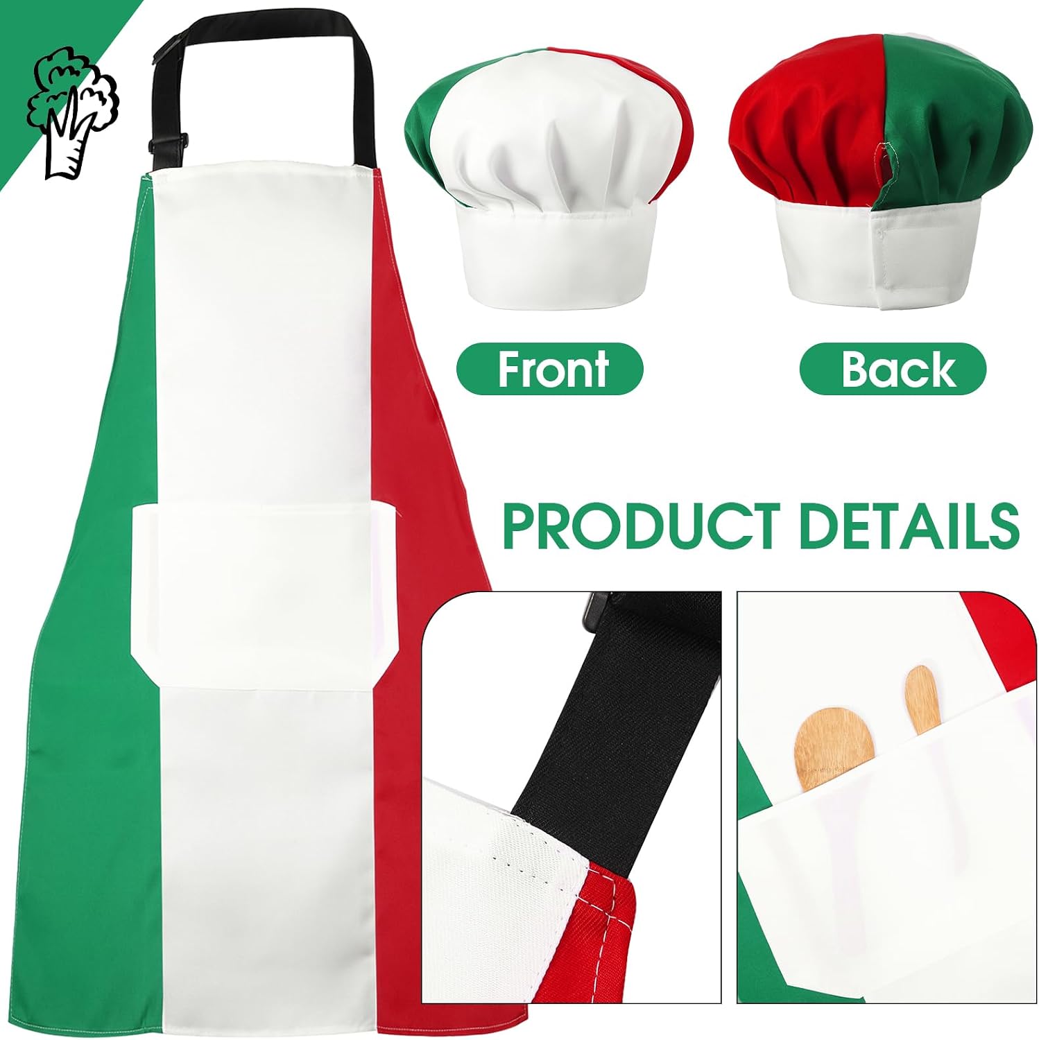 SATINIOR 3 set Chef Hat and Apron Italian Gifts for Cooking Baking Fabric Adjustable Chef Apron with Pocket for Christmas Italy Flag Kitchen Gifts Women Men