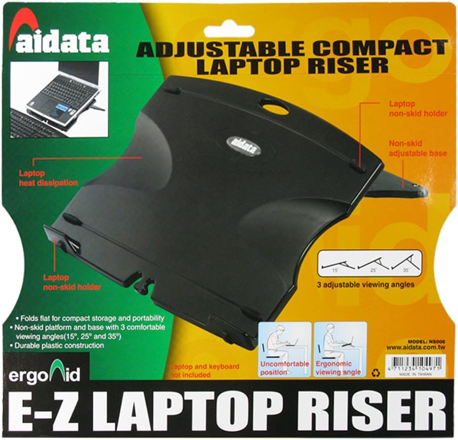 Aidata NS006 E-Z LapRiser/Compact and Adjustable Laptop Riser; Black; Adjustable Platform; 15, 25 and 35 Degrees Viewing Angles for Computing Comfort