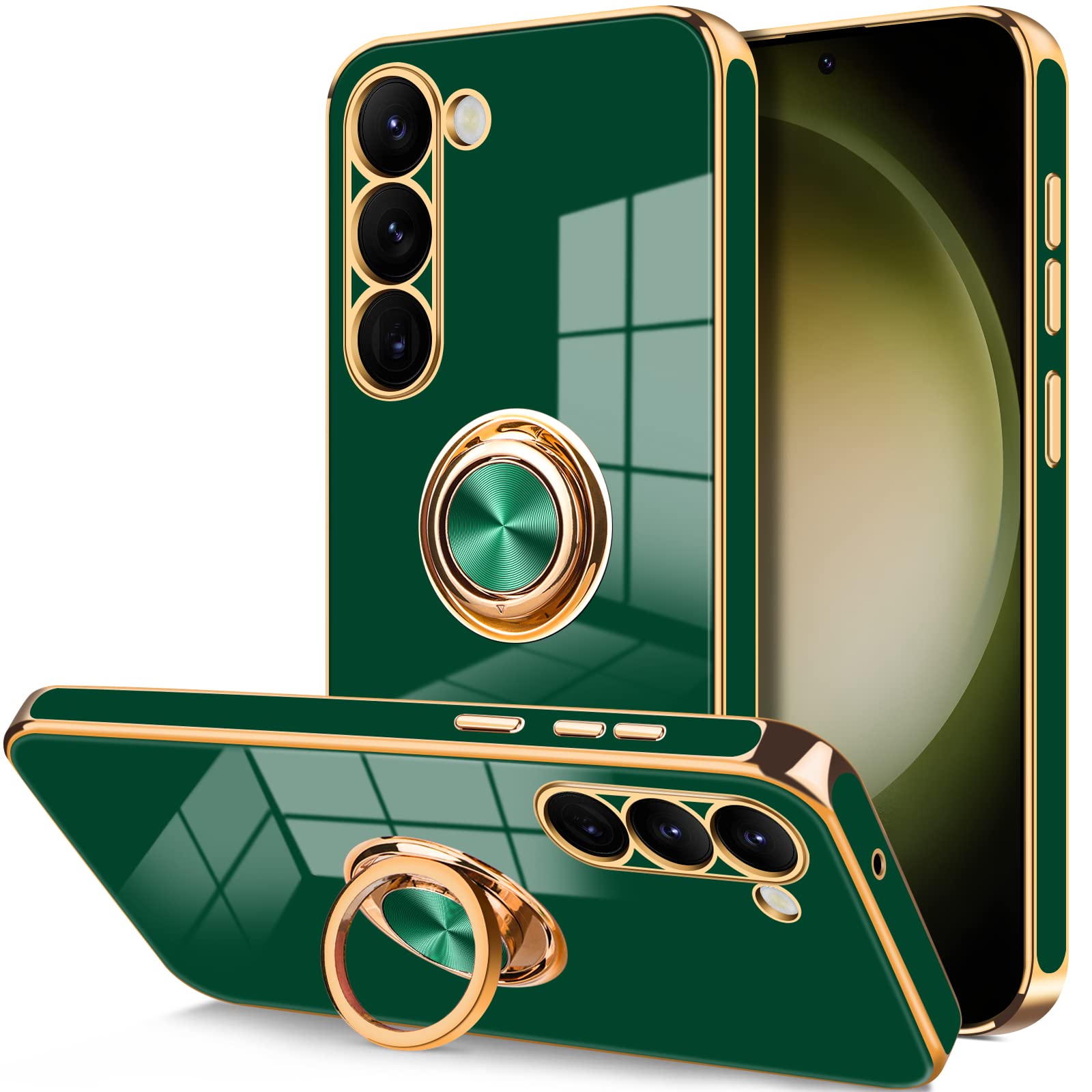 HoneyAKE for Samsung Galaxy S23 5G Case for Women Girls Square Case with Ring Kickstand Soft Plating Cover Raised Full Camera Protection Bumper Silicone Shockproof Phone Cases Galaxy S23 6.1inch,Green