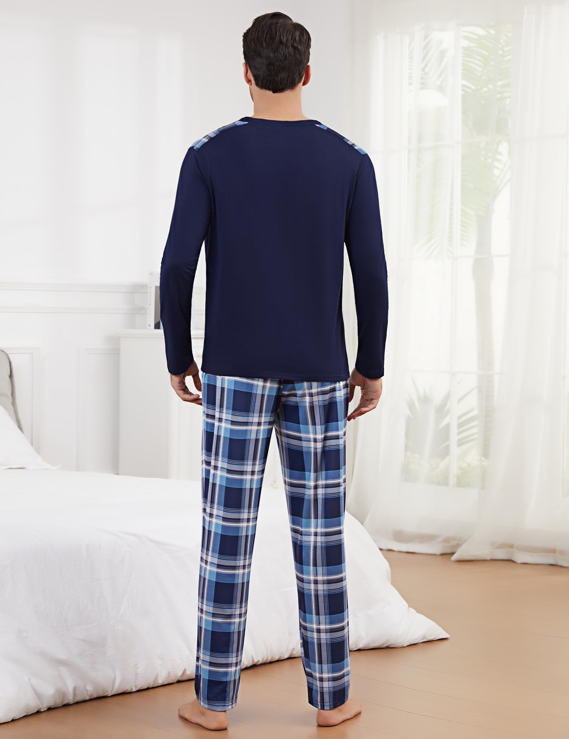 Litherday Pijama Hombre Invierno Algodón Conjunto de Pijama Hombre Manga Larga Camiseta con Bolsillos y Largo Pantalones de Pijama