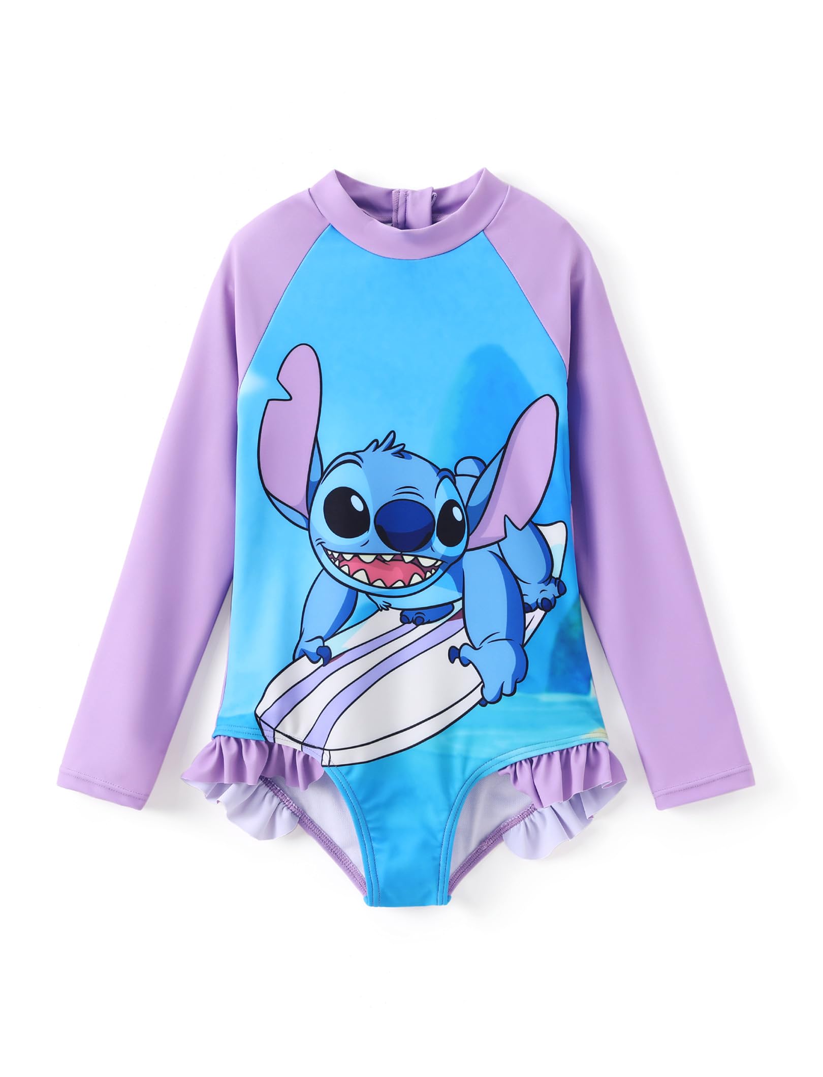 Disney Princess Frozen Elsa Minnie Stitch One Piece Swimsuit Rashguard Bathing Suit UPF 50+Toddler Girl Long Sleeve Swimwear