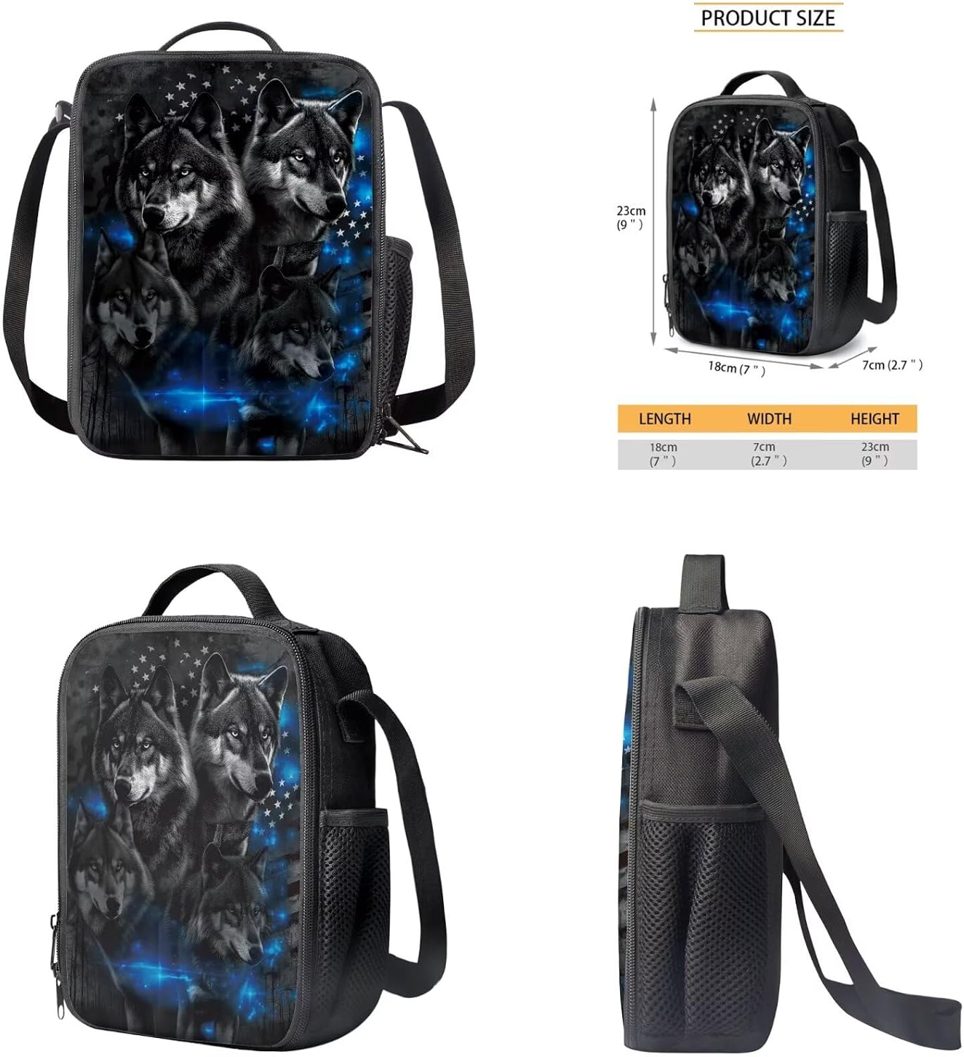 American Flag Wolf Backpack for Boys Toddler Backpack with Lunch Box and Big Pencil Case 3PCS Set Bookbag with Front Pocket for School 12" Lightweight School Bag for Kindergarten Kids Boys