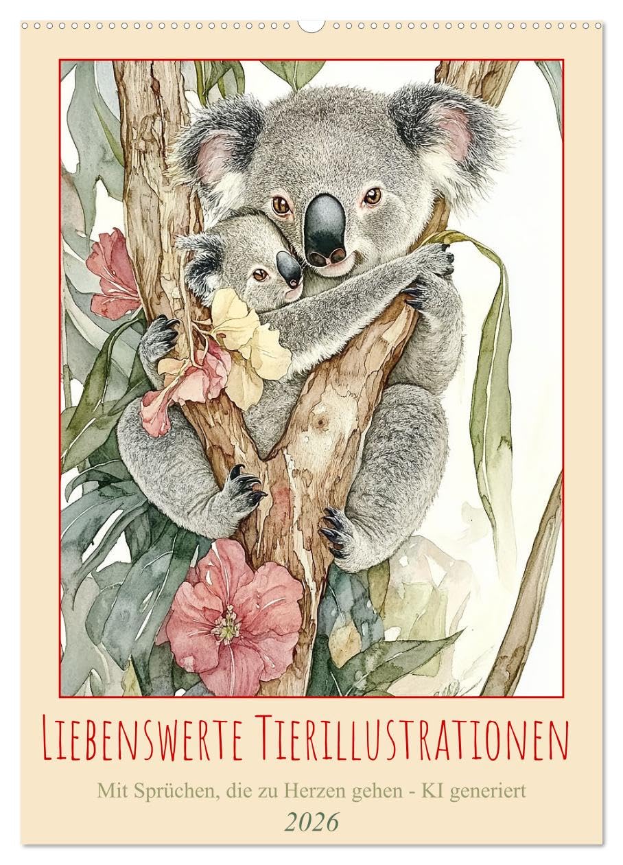 Liebenswerte Tierillustrationen (Wandkalender 2026 DIN A2 hoch), CALVENDO Monatskalender: Gezeichnete Tierdarstellungen und herzige Sprüche - KI generiert (CALVENDO Tiere)