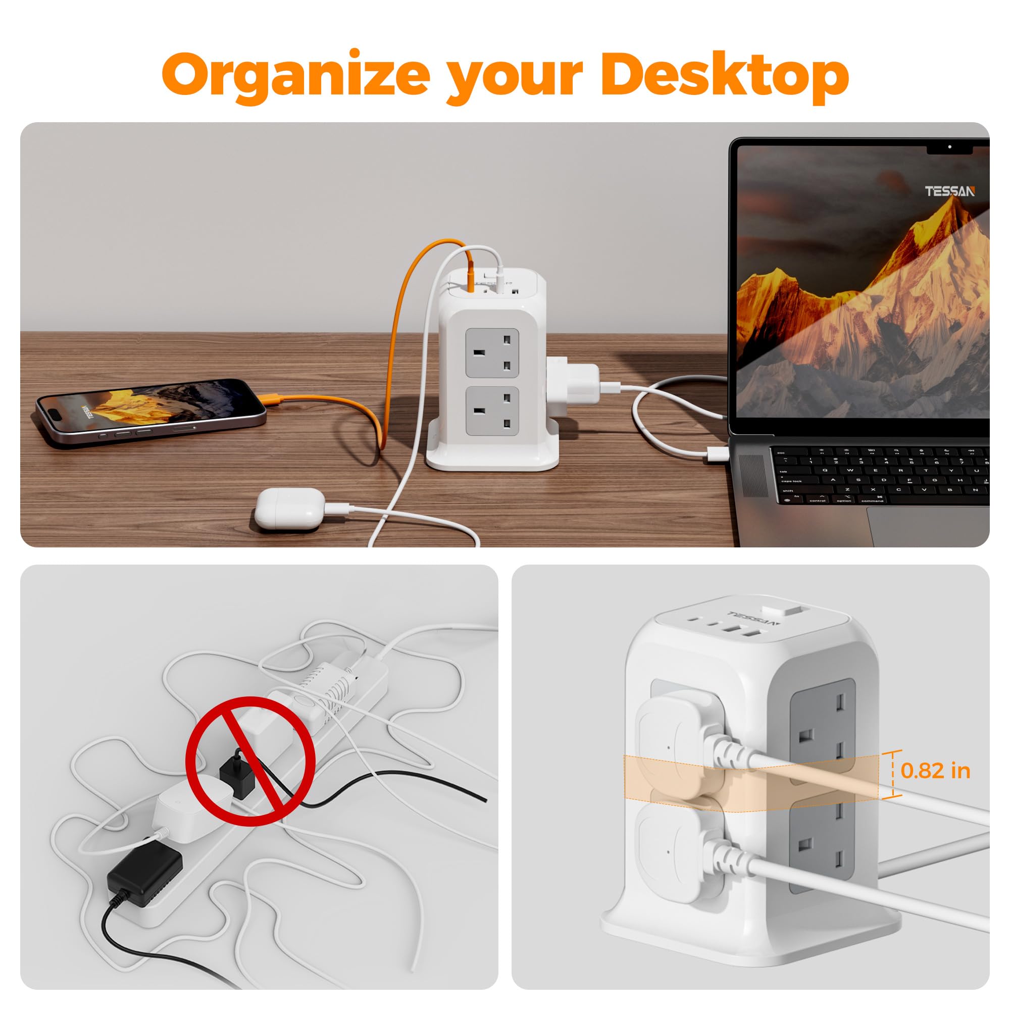 TESSAN Tower Extension Lead 4 USB Slots (2 USB C), Extension Lead 13A 3250W, 8 Way Multi Plug Socket Power Strip with Switch, Multiplug Adaptor with 2M Cable for Home, Office, School — view 4