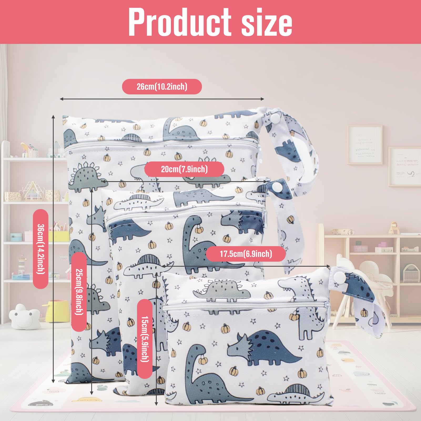 Qehyuelefu 3 Pcs Wet Bag, Baby Nappy Bag, Waterproof Wet Dry Bags, Waterproof Wet Bags for Swimming Dinosaur Pattern - Image 2