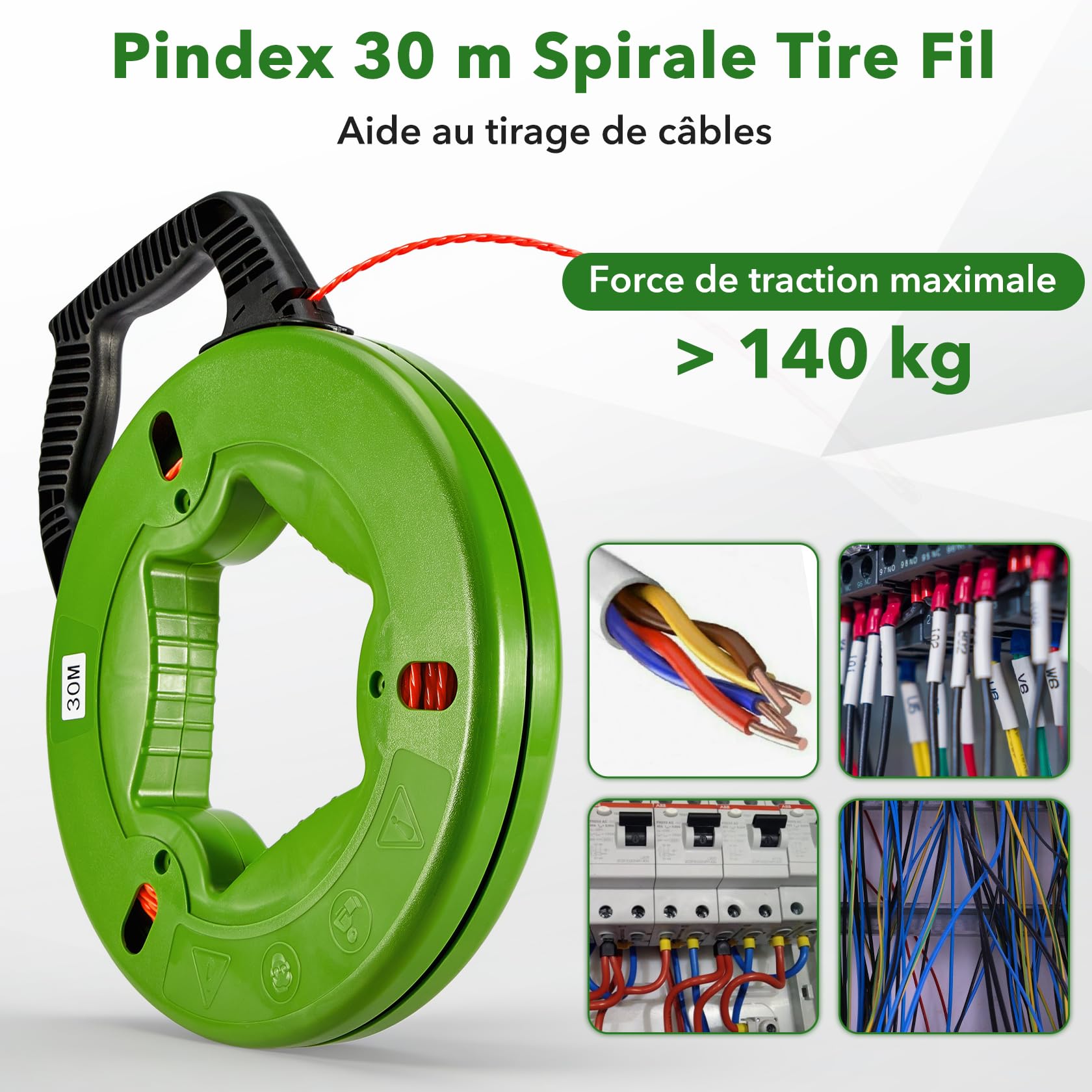 Pindex 30 m Aiguille Electricien 4 mm Tire Fils Cable Electrique avec 5 Adaptateurs pour Tuyaux Vides, Câble d'Alimentation, Câble Réseau, Fibre Optiqueuidage