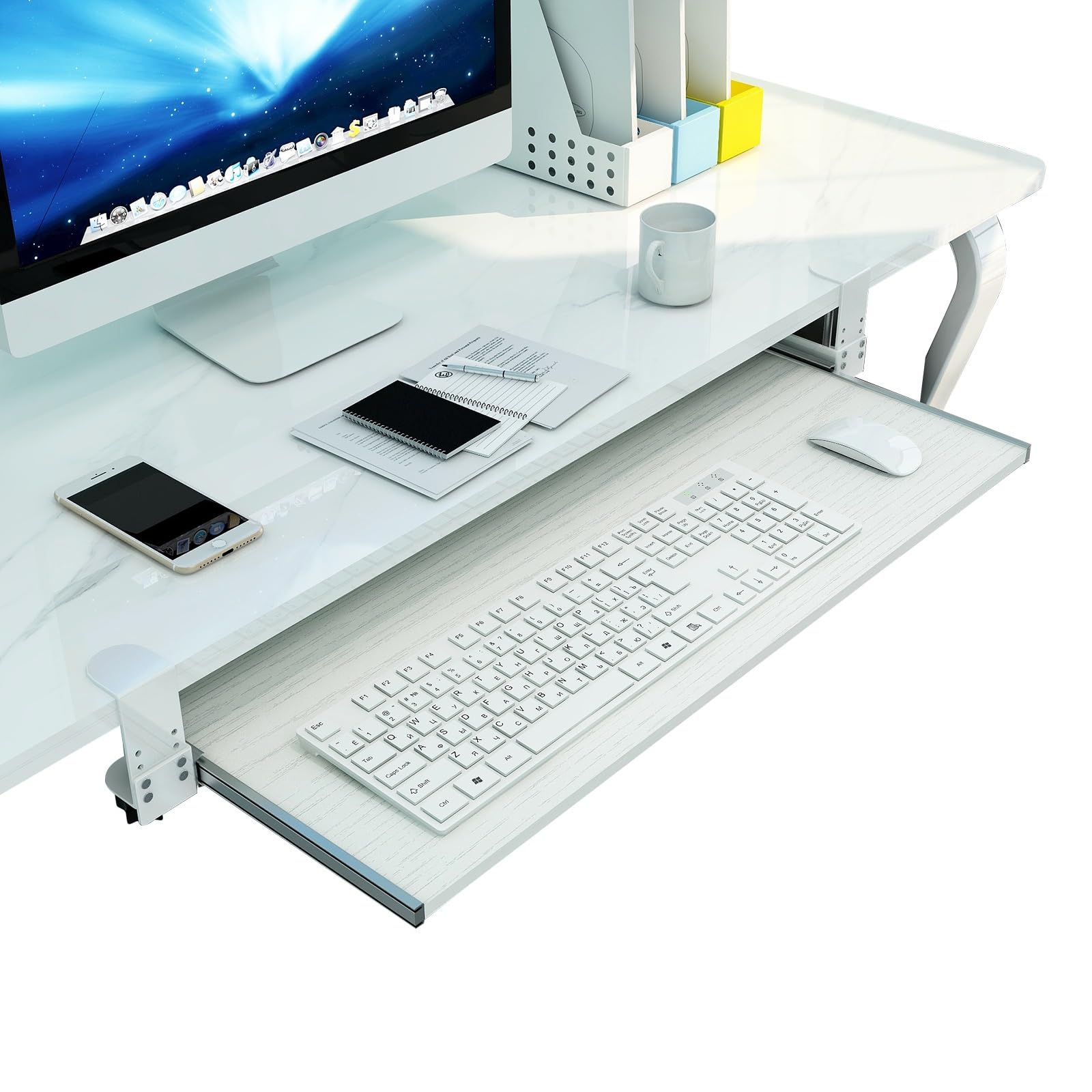 Adjustable Wooden Keyboard Tray 55/65/75 cm x 30 cm Expandable Under-Desk Keyboard Holder with C-Clamp Height-Adjustable Keyboard Drawer in White/65 x 30 cm