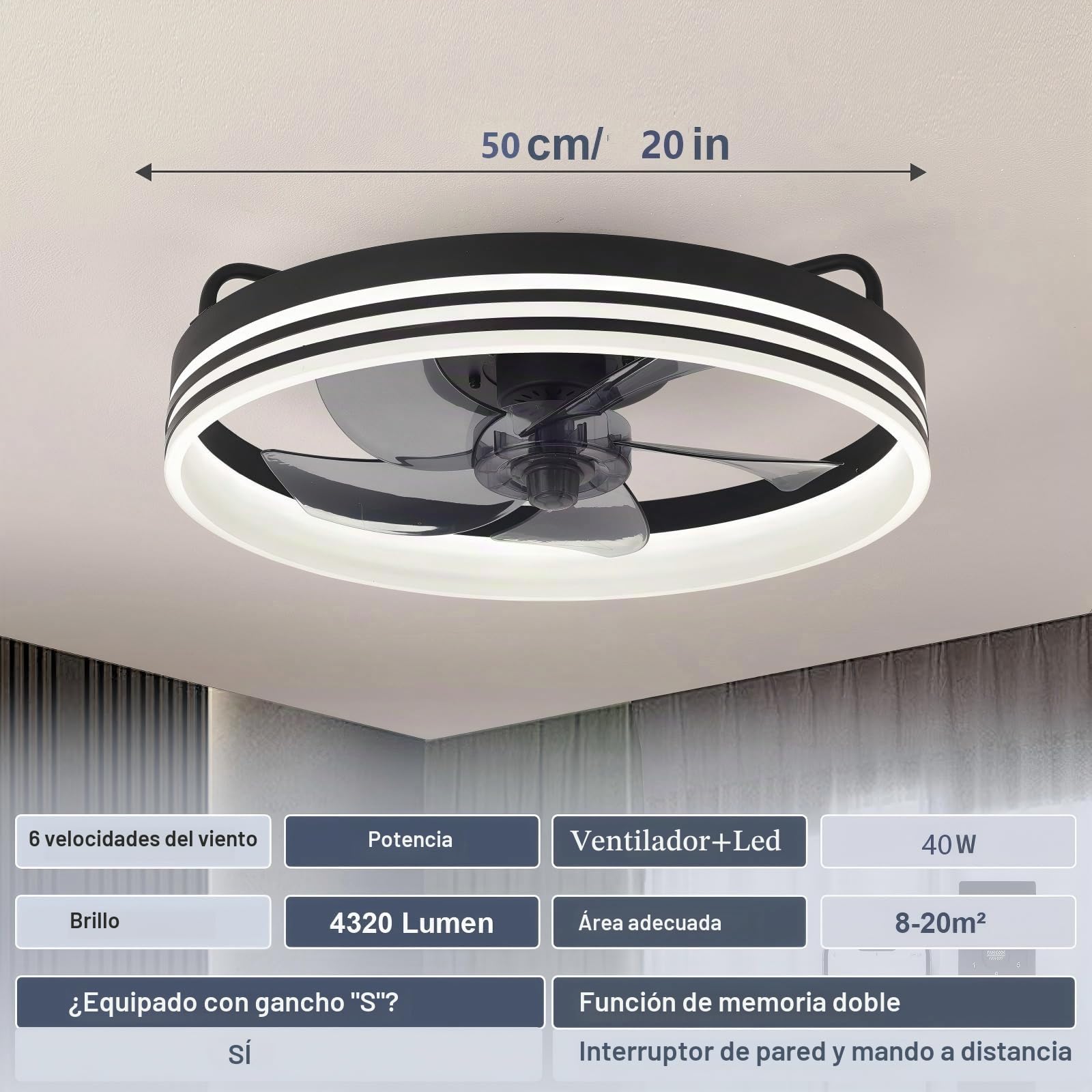 Ventilador de Techo con Luz LED 40W, 50cm Plafón Ventilador Silencioso con Mando a Distancia y Control de Pared, 4320LM Brillo Regulable, 6 Velocidades, Memoria Inteligente, para(Negra)