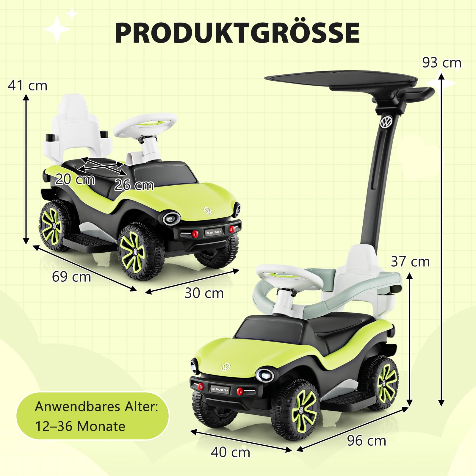 COSTWAY 3 in 1 Volkswagen Rutschauto, Schiebeauto mit verstellbarem Schiebegriff & Sonnendach, Rutschfahrzeug mit Musik & Hupe & Licht, Spielzeugauto für Kinder ab 1 Jahr