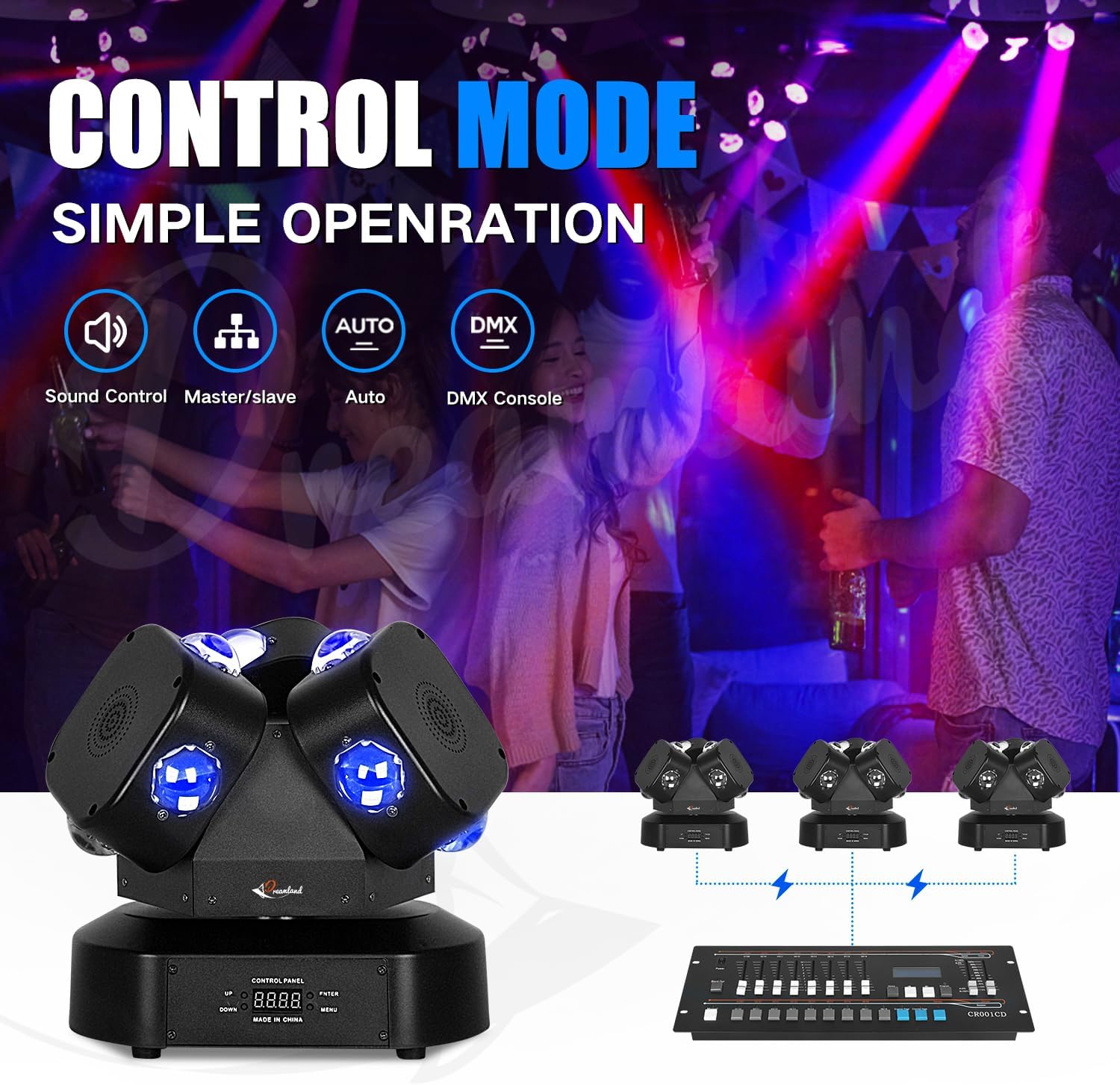 Dreamland Moving Head Beam Light LED RGBW Rotation Moving Head Disco Light DJ Lights DMX 512 with Sound Activated for Stage Lighting Party Disco Club