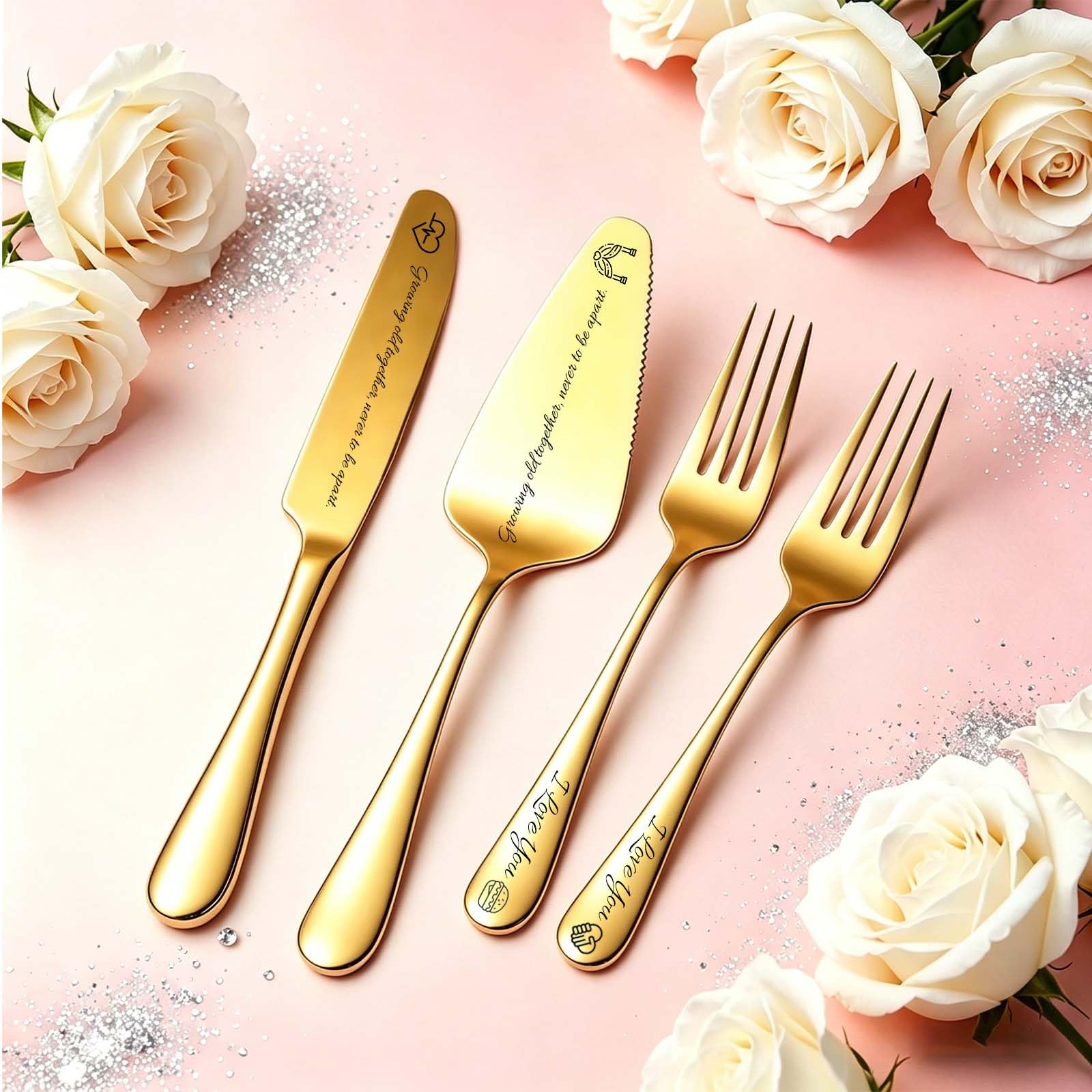 RSQGT Personalised Wedding Cake Knife and Server Set, Custom Engraved Stainless Steel Cutter Slice, Practical Present for Bride and Groom (Gold Cake Knife) — image 1