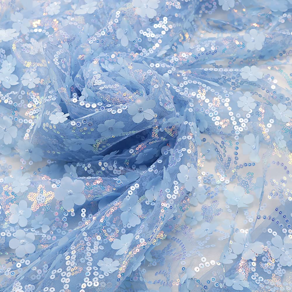 130 cm x 1 Yard Embroidered 3D Sequin Flower Mesh Fabric, Tulle Fabric for Wedding, Birthday, Christmas, Party Decoration, Sewing Bridal Veils, Wedding Dress, Table Runner, Tutu Skirts, Blue