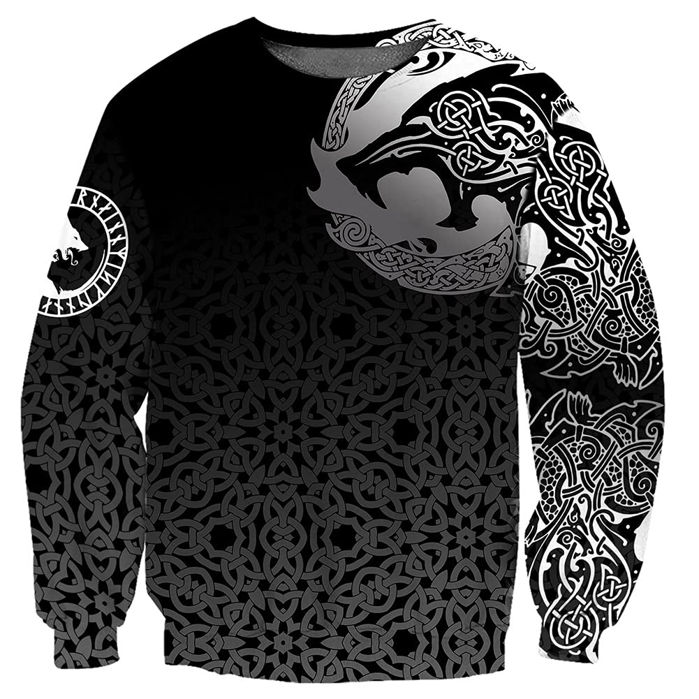 TQWSVUM Men's Viking Odin Celtic Wolf Tattoos Full-Zip Hooded Sweatshirt Pullover Hoodie