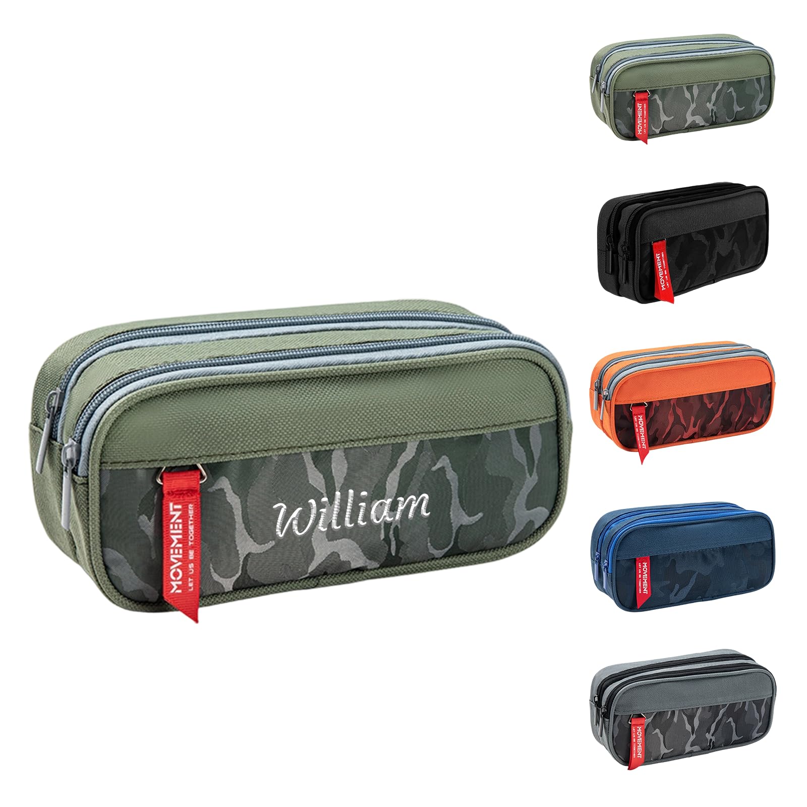 Personalized Pencil Case with Name Embroidery, Three Compartments Pencil Pouch for School Supplies & Office, Camouflage Portable Organiser for Daily Storage/Travel Large Capacity 21.6×9.5cm (Green)