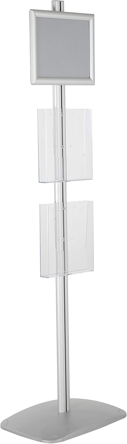 M&T Displays Free Standing Aluminum Display Stand Single Sided Document Brochure Sign Holder Front Loading Portrait Landscape Silver Snap Frame 1x(11x17) and Clear Acrylic Pocket 1x(8.5x11) Inch