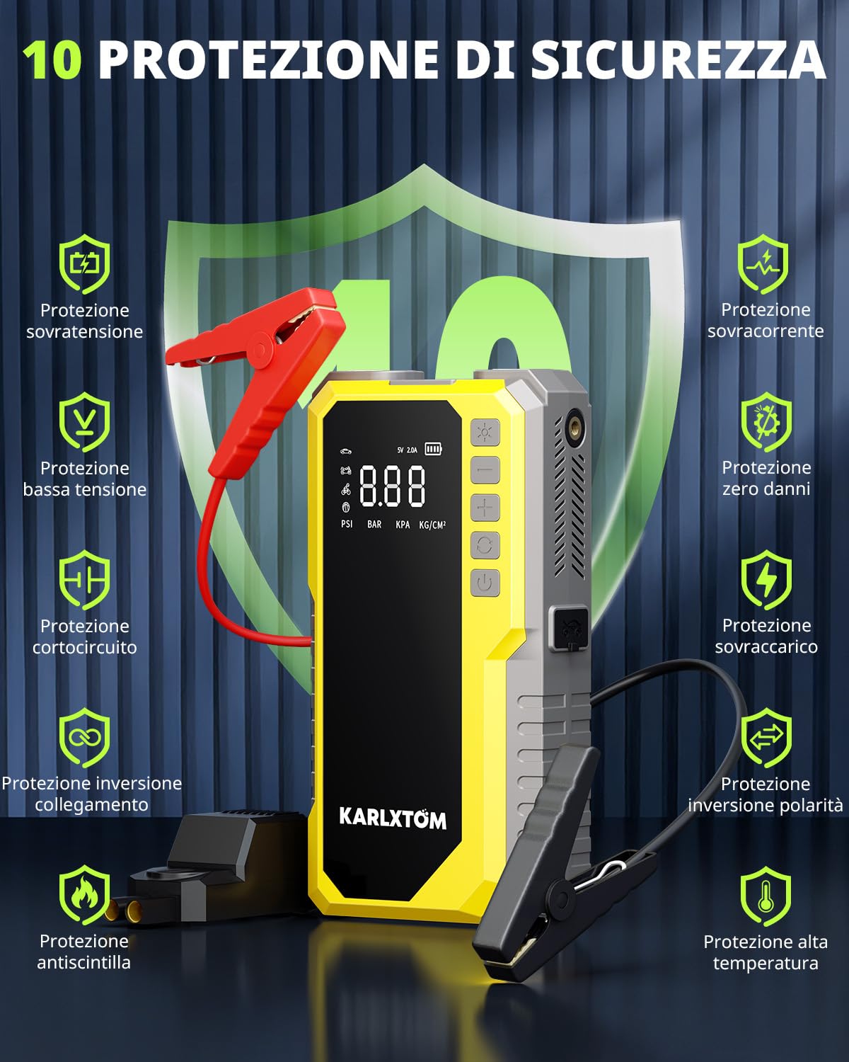 Karlxtom Booster Avviamento Auto con Compressore 190PSI, 12V Avviatore Batteria Auto (Tutto Gas/10L Diesel), Ingresso/Uscita Alimentazione di Avviamento e Luce LED da 500 LUM, Display LCD