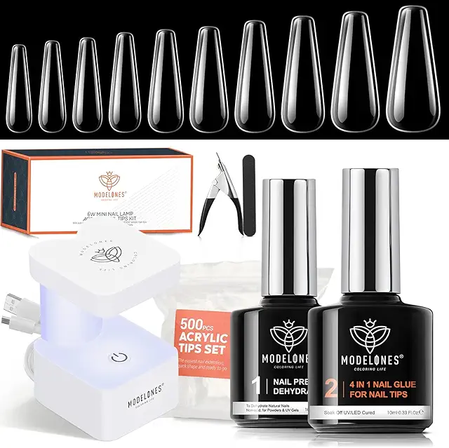 Modelones Gel Nail Kit: 500 Coffin Tips, UV Light & 9-in-1 Glue for Home Salon