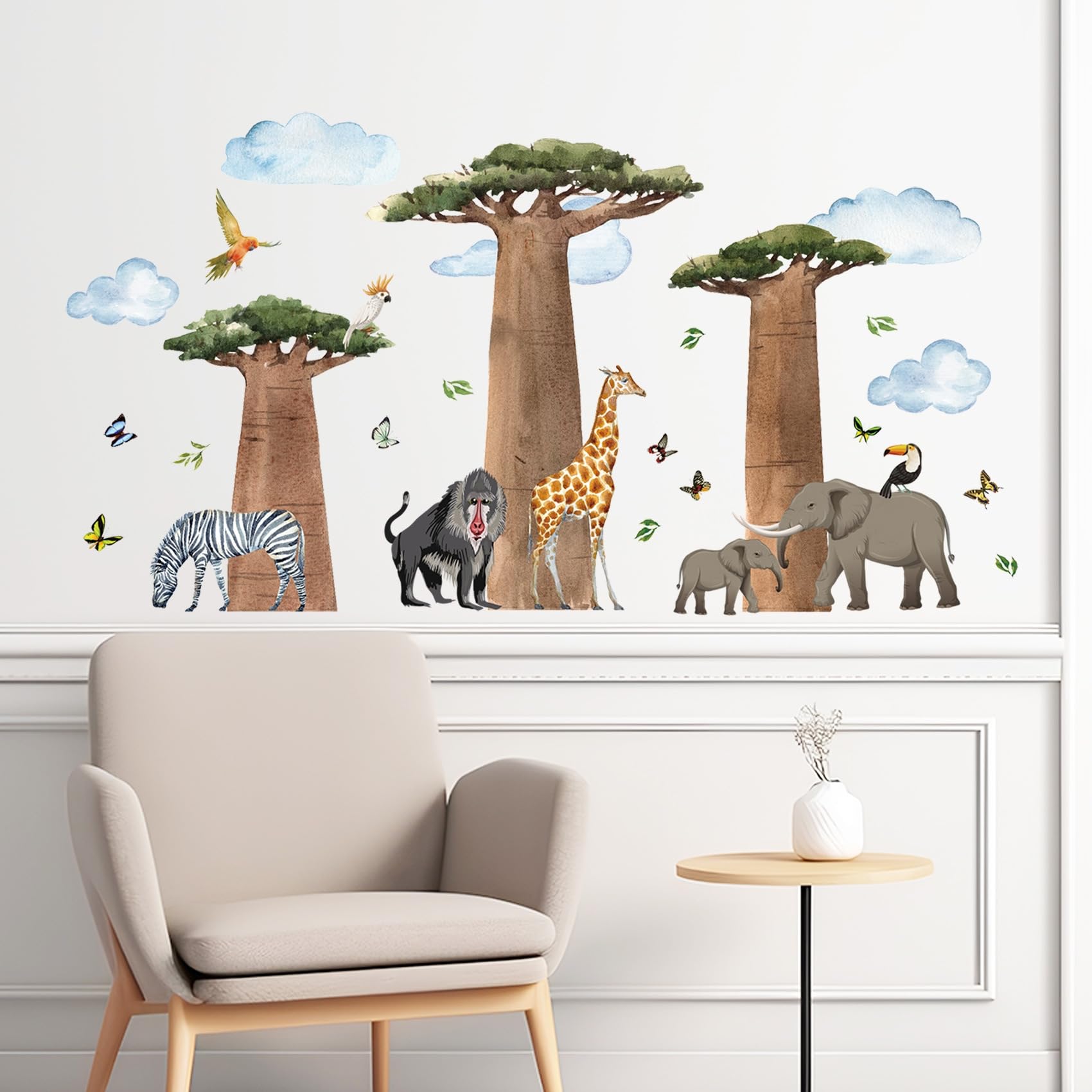 Zestaw naklejek ściennych ze zwierzętami safari, afrykańskie baobaby z dziką przyrodą, duży rozmiar 118 x 70 cm, naklejki do pokoju dziecięcego w stylu akwareli
