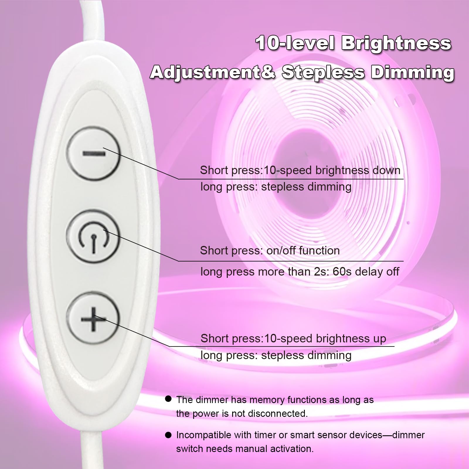 Tira LED rosa USB 5V 5m pequeña tira de luz COB regulable con regulador de intensidad USB para dormitorio, configuración de juegos, manualidades, retroiluminación