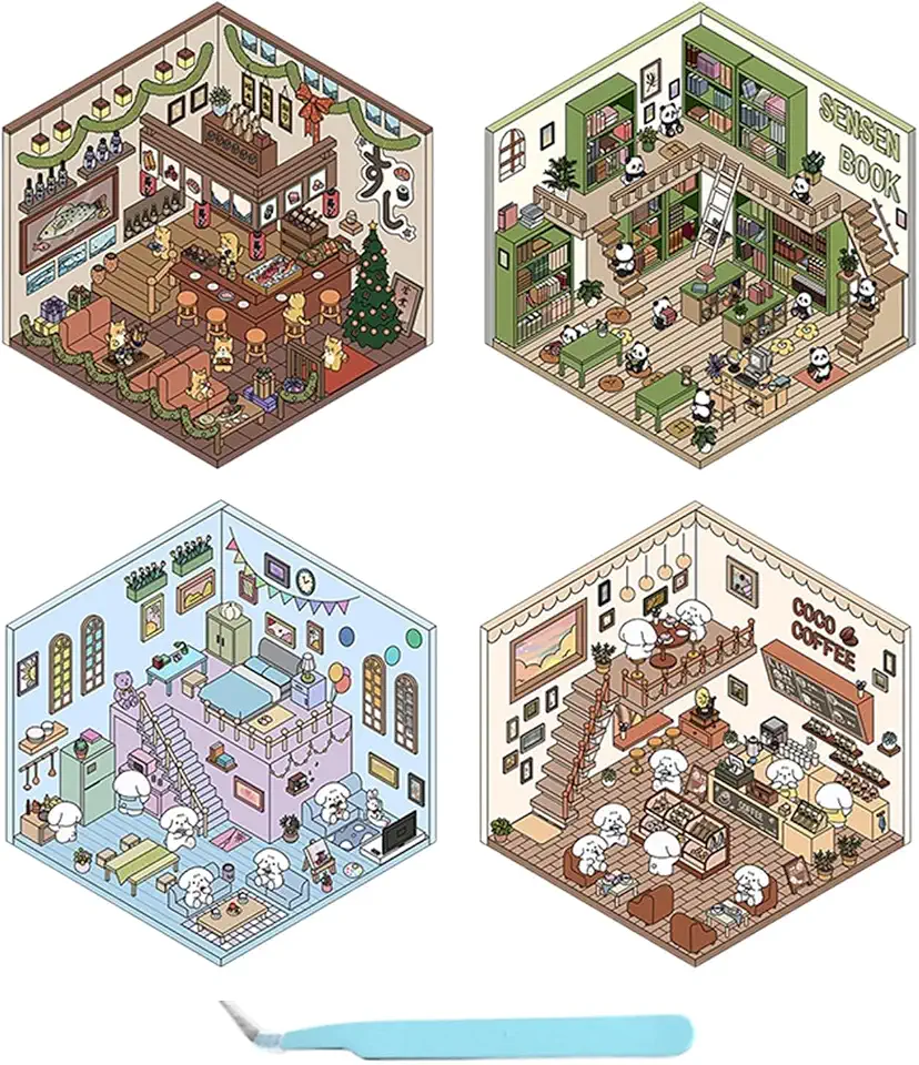 Azonee 4PCS DIY 3D Sticker Scene Set - Cute Cartoon House Stickers, Build Your Own Supermarket, Coffee Shop, Restaurant & Bookstore, Stress Relief Creative Craft for Adults & Kids