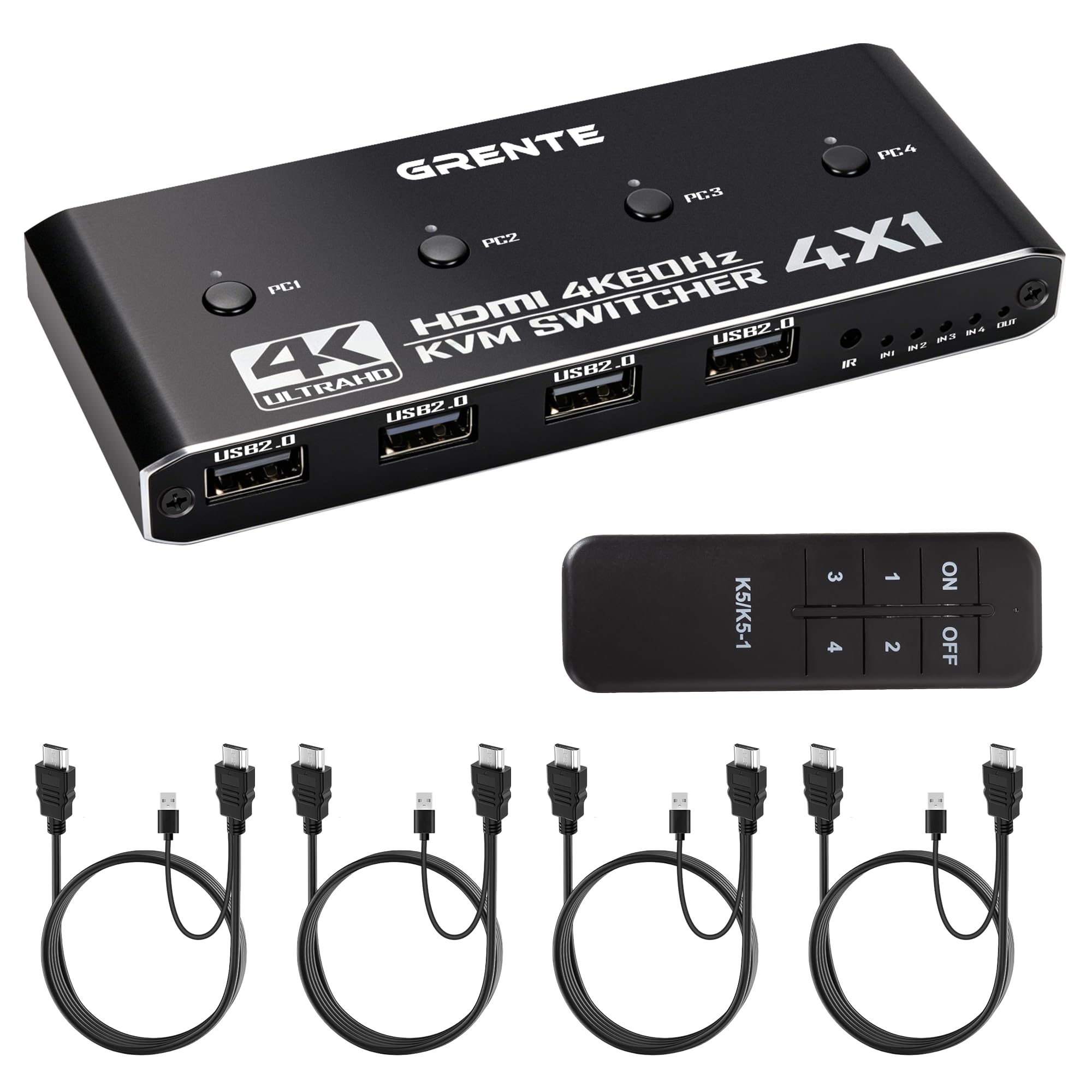 4 port kvm switch hdmi 1 monitors 4 computers - 4k@60hz kvm switcher with usb 2.0, 1 keyboard 4 computers switch box for desktop, mini pc, laptop, linux - with 4 hdmi cables & usb cables