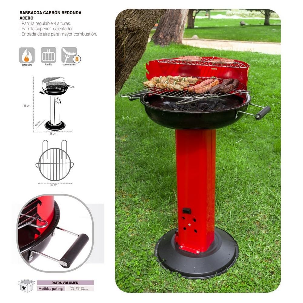 LOLAhome Barbacoa de carbón roja Aire controlado| De Ø58x84cm | Regulable 4 alturas, Doble parrilla Cocinar y Calentar, fácil montaje, fácil guardado | Para 8 comensales | Barbacoa jardín
