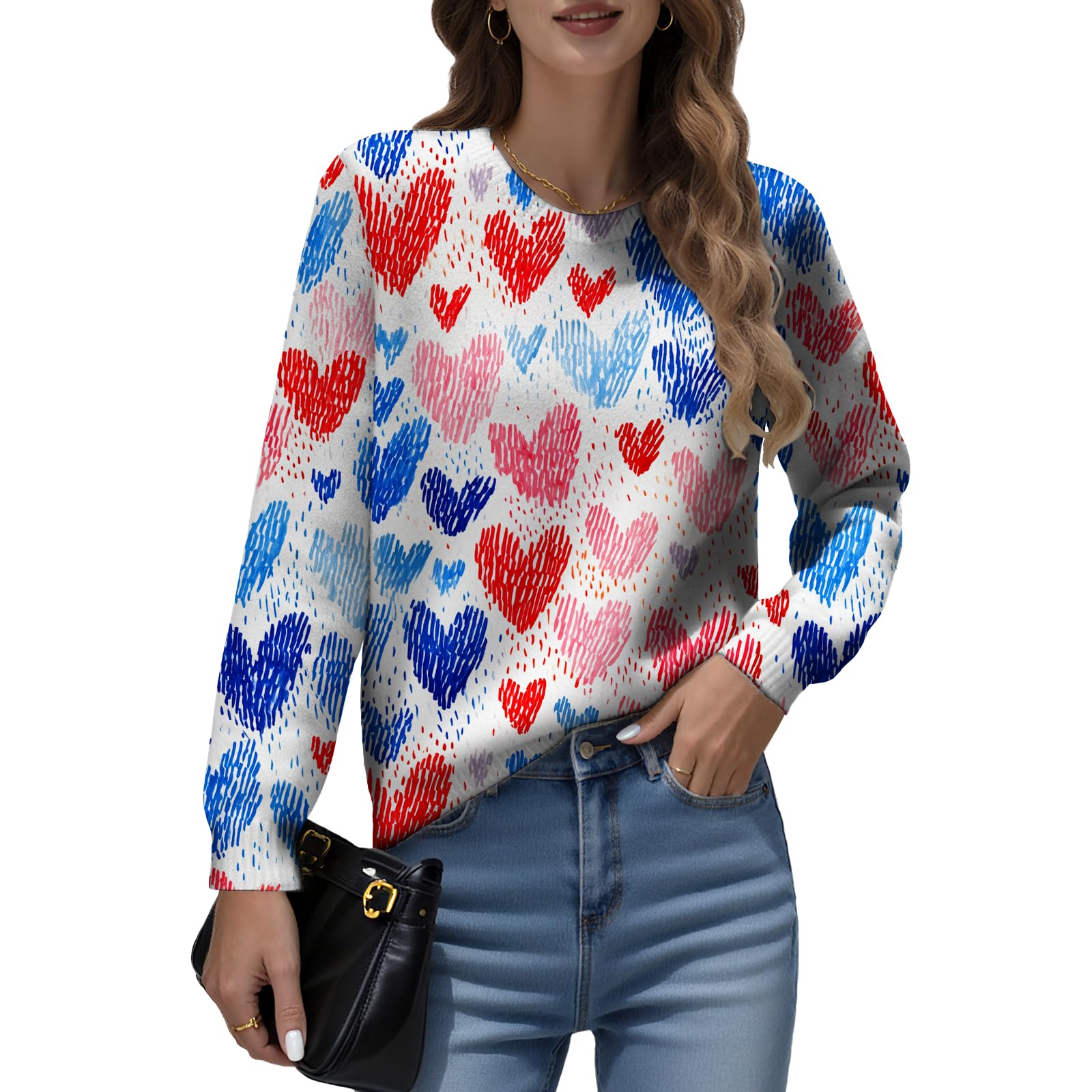 LIZALIG Womens Long Sleeve Print Pullover Sweater Round Neck Relaxed Fit Soft Comfortable Chic Fall Fashion Trendy