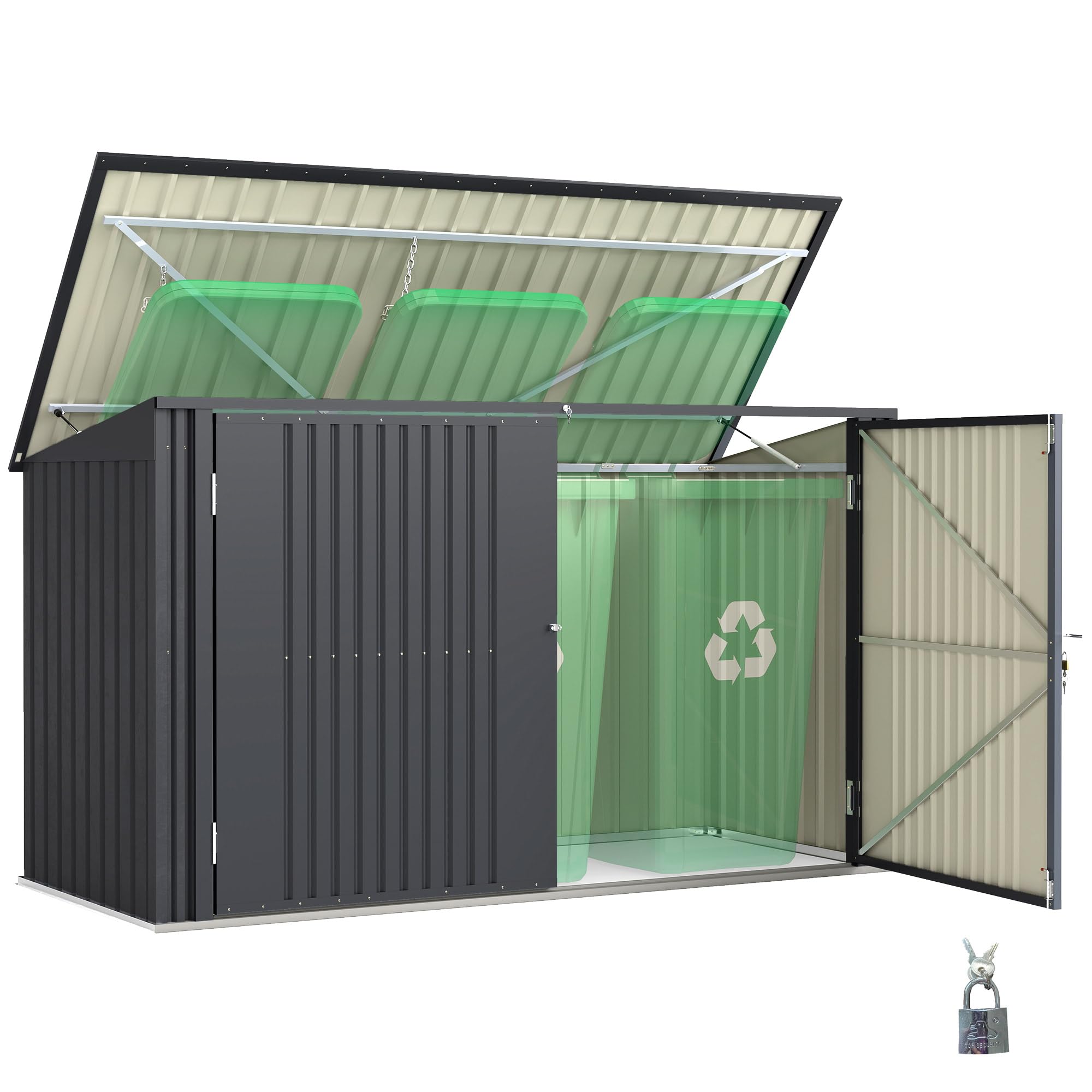 Outsunny Copribidone Spazzatura da Esterno per 3 Cassonetti da 240L, 233x105 cm Contenitore per Bidoni Rifiuti con 2 Porte e Serrature, 2.3m² Capanno da Esterno, Casetta per Bidoni in Acciaio, Grigio