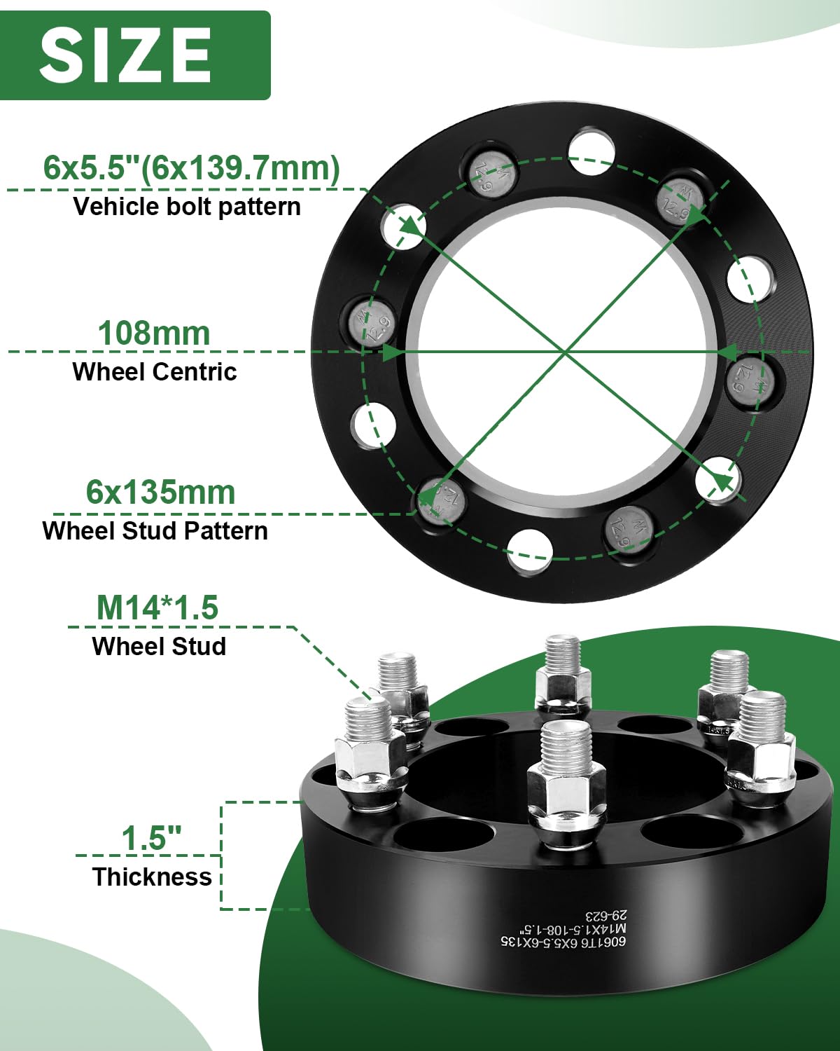 EOTH 6 x adapter koła 5,5 na 6 x 135, 1,5 cala 6 x 139,7 na 6 x 135, rdzeń środkowy 108 mm z trzpieniem M14 x 1,5