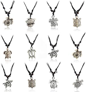 COLORFUL BLING 12pcs Artificial Bone Carving Sea Turtles Pendant Necklaces Set Medallion Symbol Adjustable Cotton Cord Yin Yang Hawaiian Surfer Lucky Amulet Jewelry for Women Men Unix