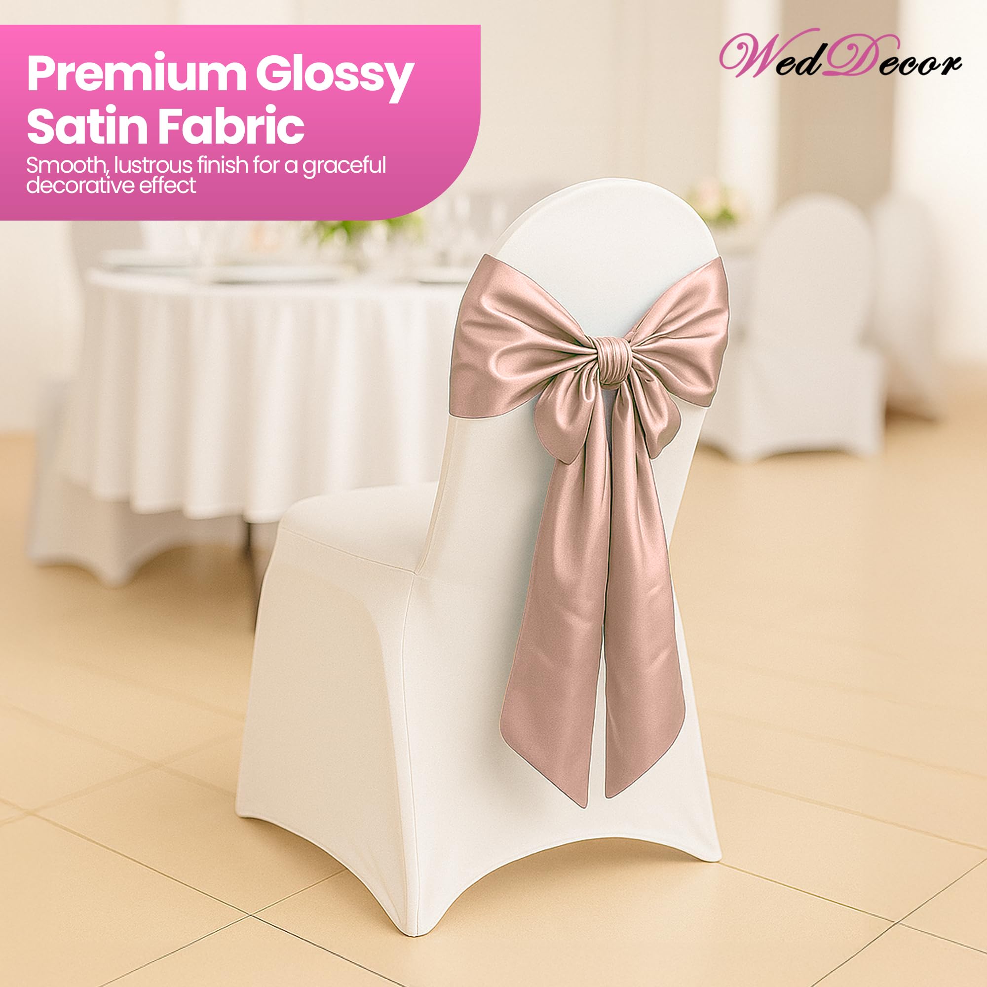 WedDecor Satynowa wstążka w kolorze różowego złota pełniejsza kokarda na ślub urodziny zaręczyny przyjęcie przyjęcie bankietowe wydarzenie dekoracja krzesła do jadalni - 18 x 274 cm, 100 szt