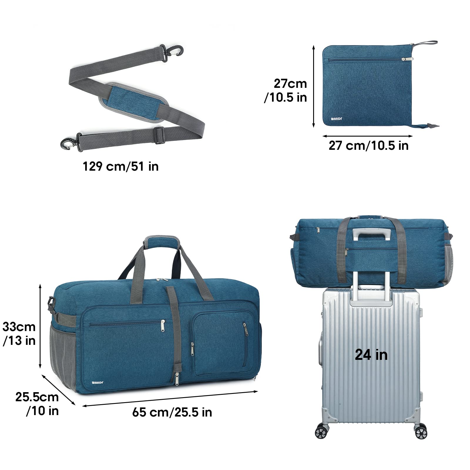 WANDF Reisetasche mit Schuhfach Faltbare Weekender-Reisetasche Handgepäck für Männer Frauen (Blau,65L)