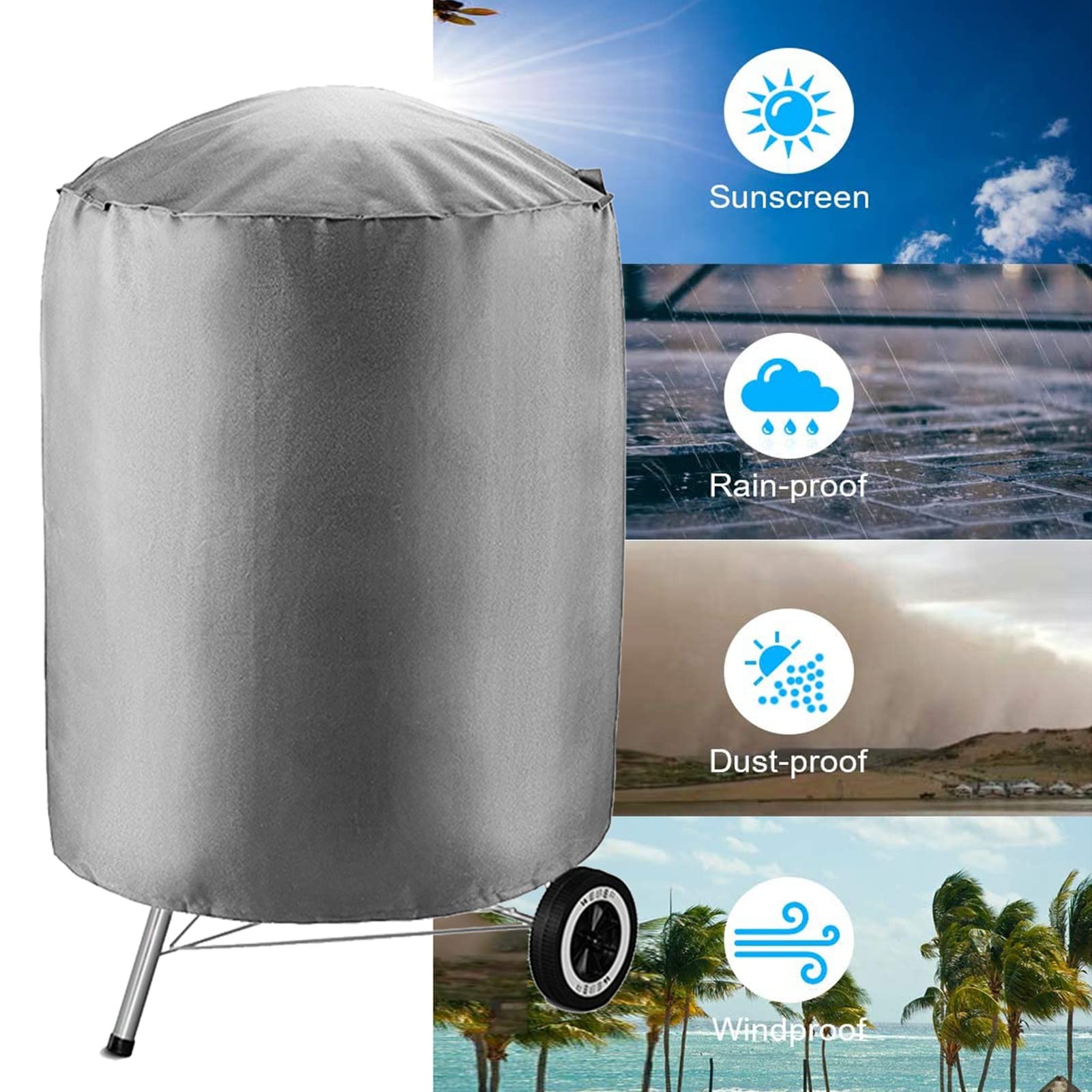 AWSAD Funda Barbacoa Exterior Impermeable Funda Protectora BBQ Redonda Cubierta para Barbacoa Anti-Lluvia, Anti-Nieve, Anti-Polvo, se Adapta a La Mayoría de Las Parrillas