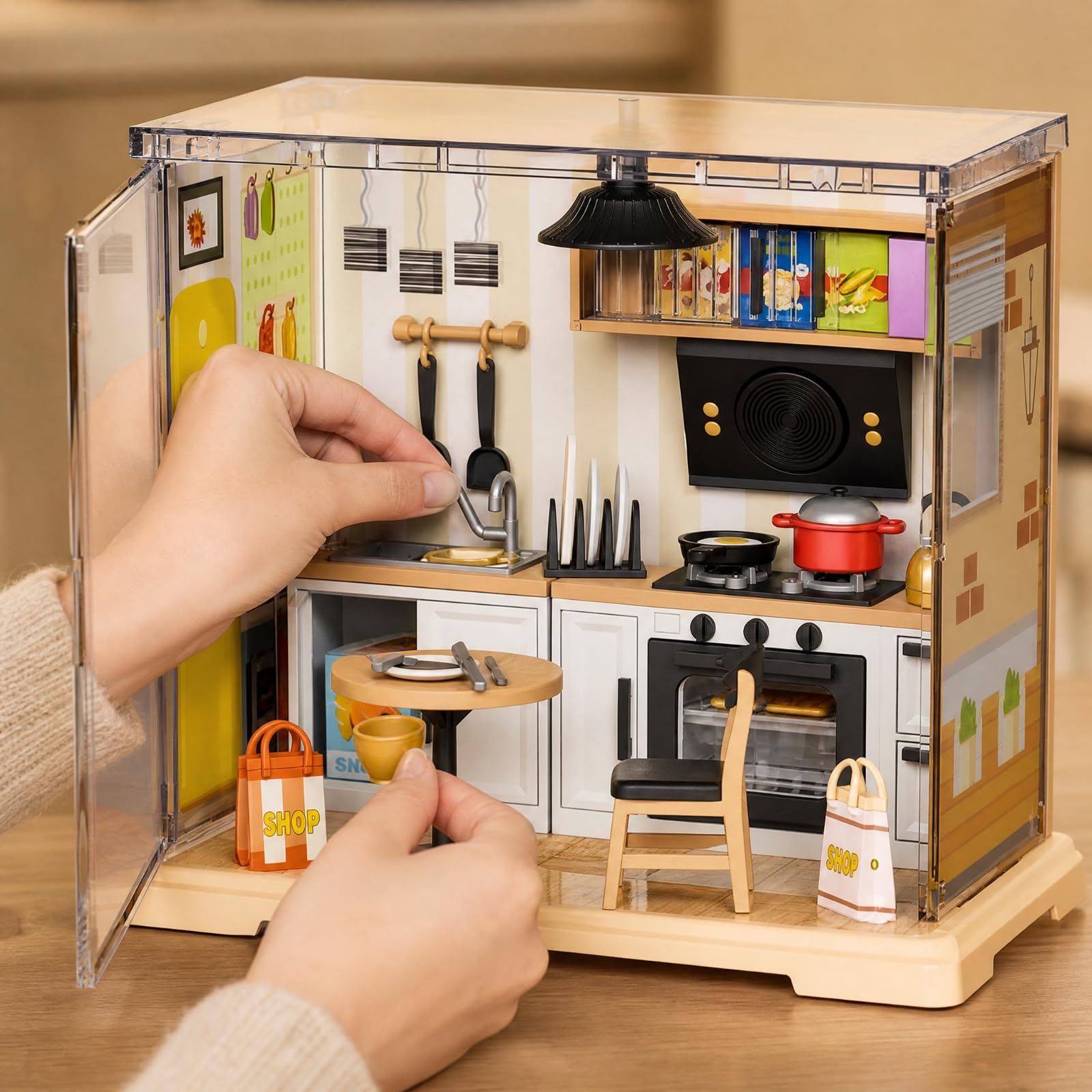 Juguete Montaje Cocina Miniatura Educativo Escena Cocina en Miniatura con Puerta Abatible Artesanía para Manualidas Manualidas