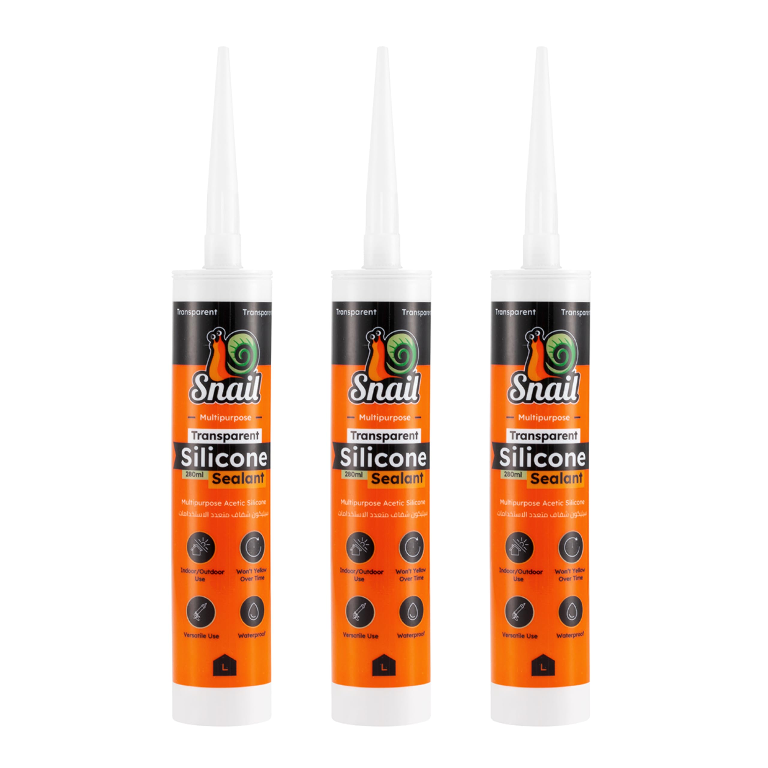 Lawazim Snail Silicone Sealant Set of 3 - Transparent, Flexible, Waterproof, Quick-Dry, Clear Caulk for Indoor/Outdoor Use, DIY Projects, Home Repairs, and Professional Applications, 280ml