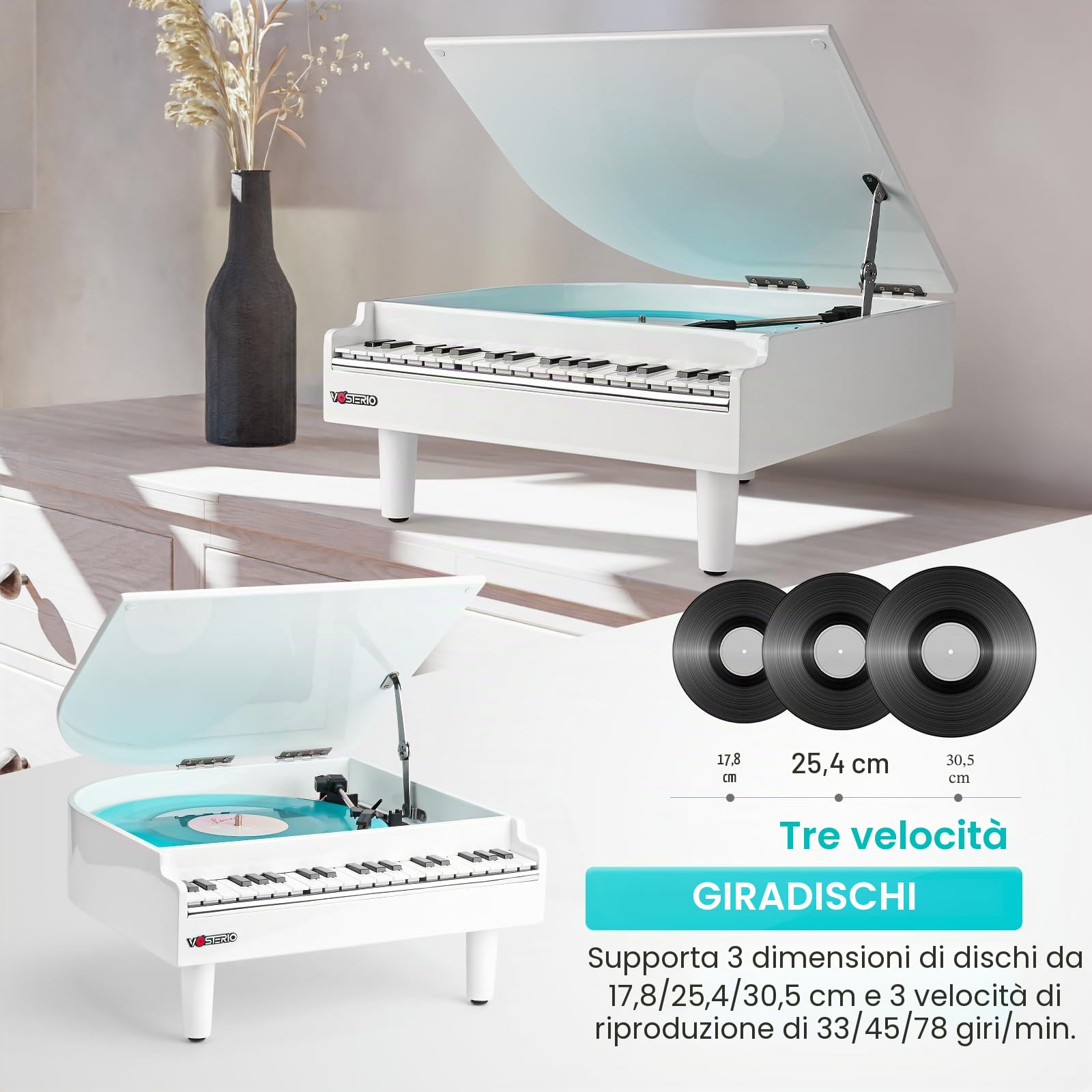 Vosterio Giradischi in vinile, 3 marce, con altoparlanti stereo integrati, giradischi con funzione di ricezione Bluetooth e uscita Bluetooth, lettore USB, vinile a MP3, bianco