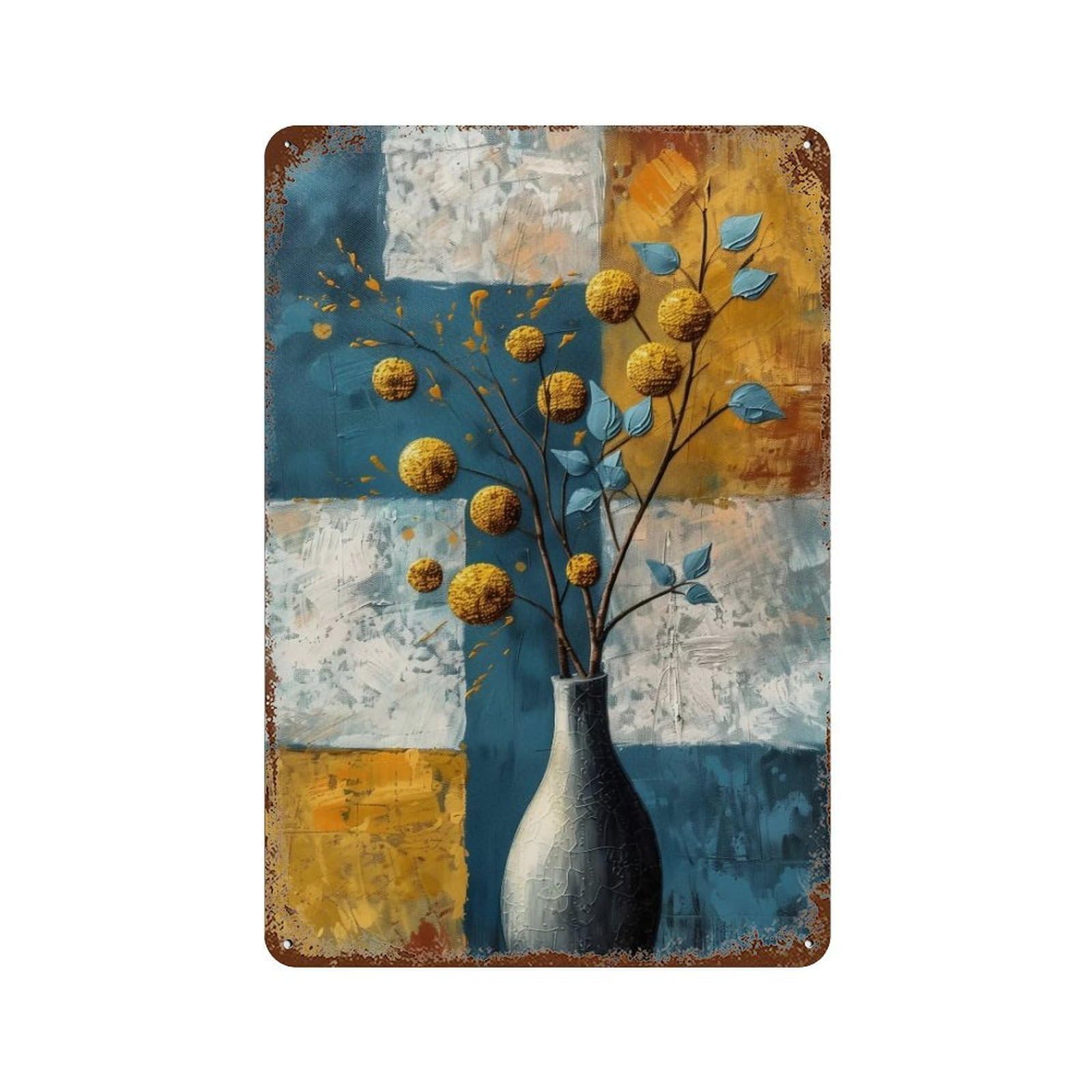 WUJHGRSG Impasto Abstract Geometric Golden Blooms 02 Wall Art Retro Iron Vintage Metal Tin Sign Poster Modern Decor for Home Cofffee Club Bar Shop Style 30x20cm